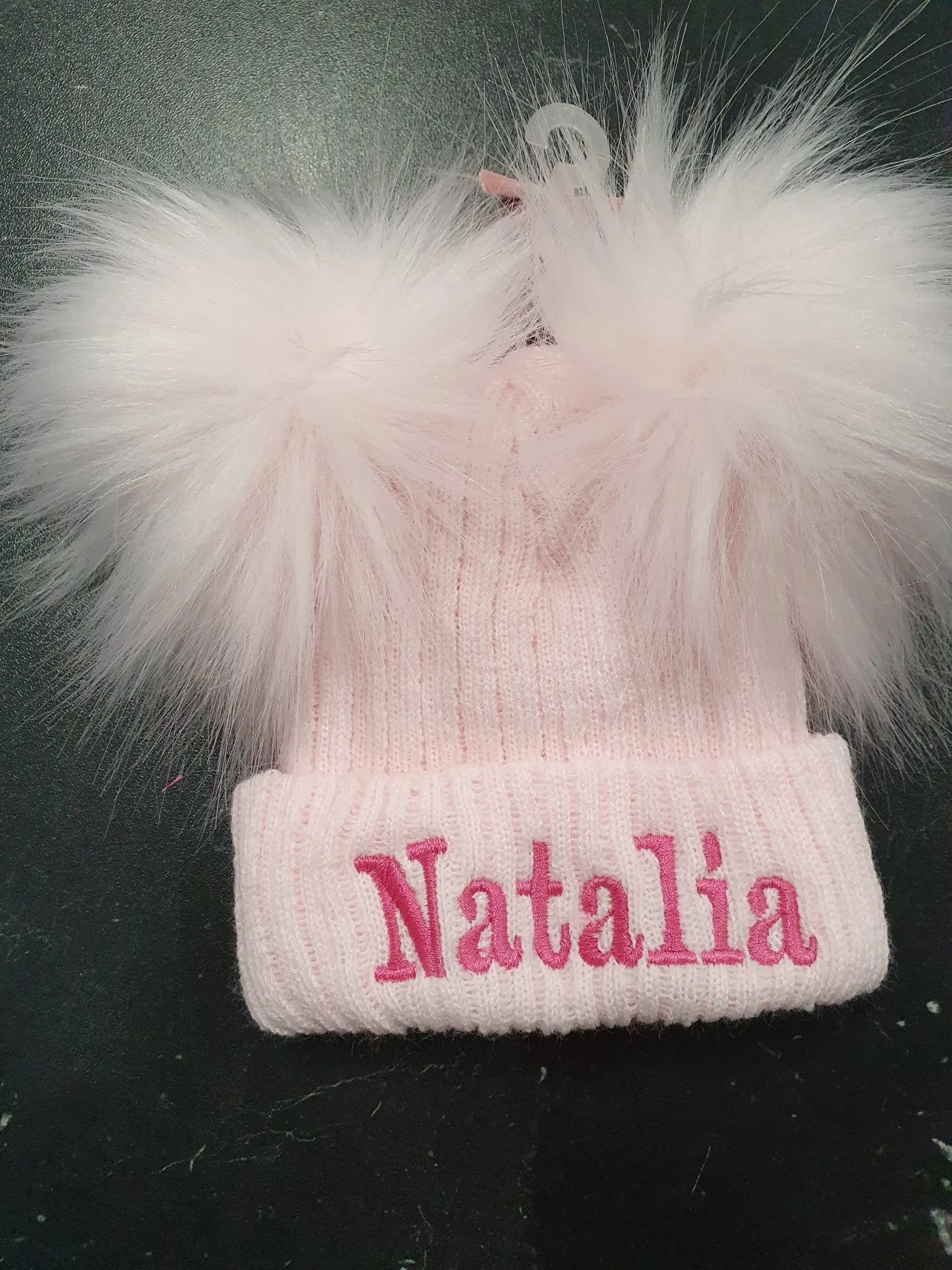 Personalised Baby  Pink Knitted Double Pink Fluffy Faux Fur Pom Hat