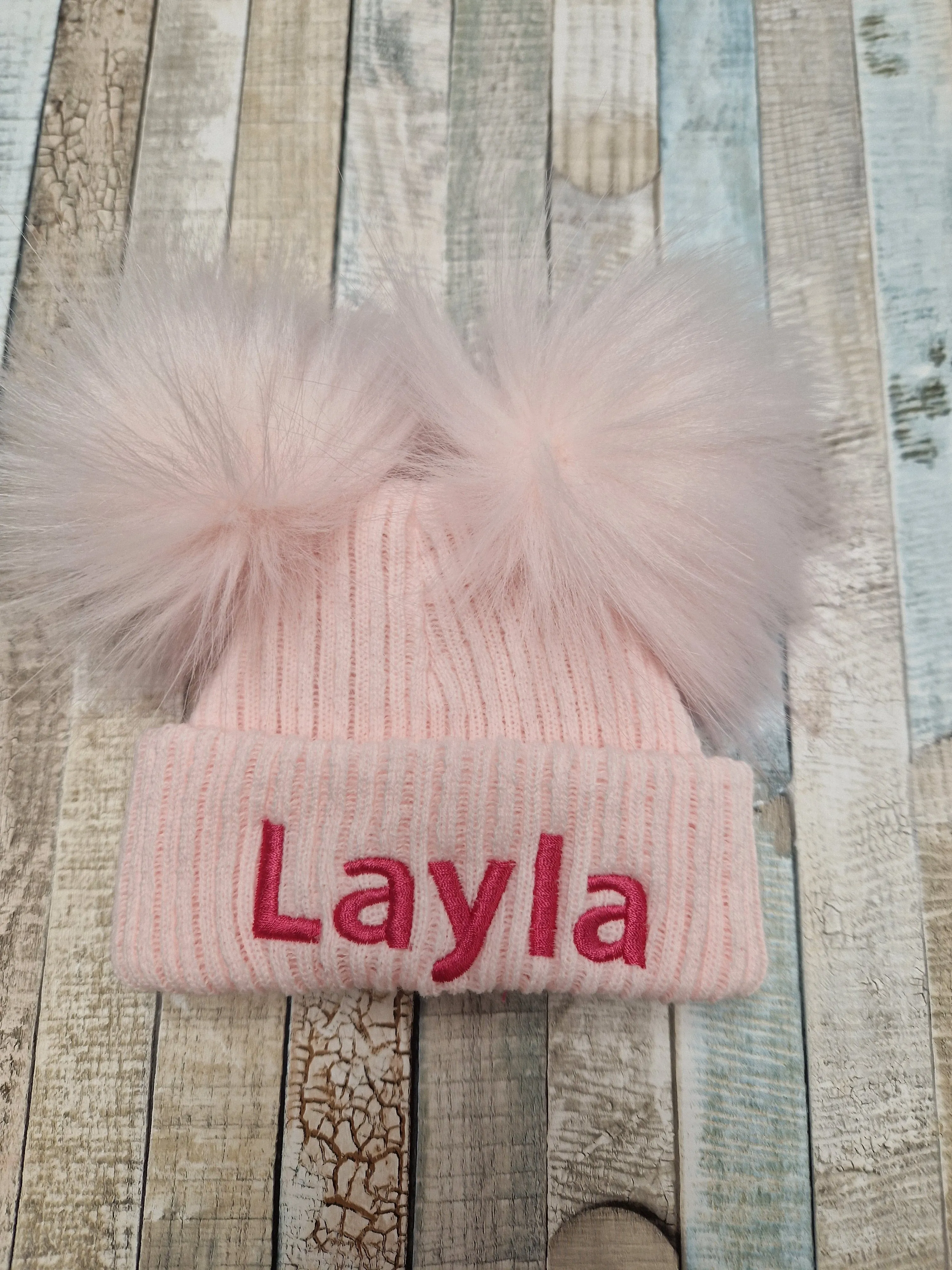 Personalised Baby  Pink Knitted Double Pink Fluffy Faux Fur Pom Hat