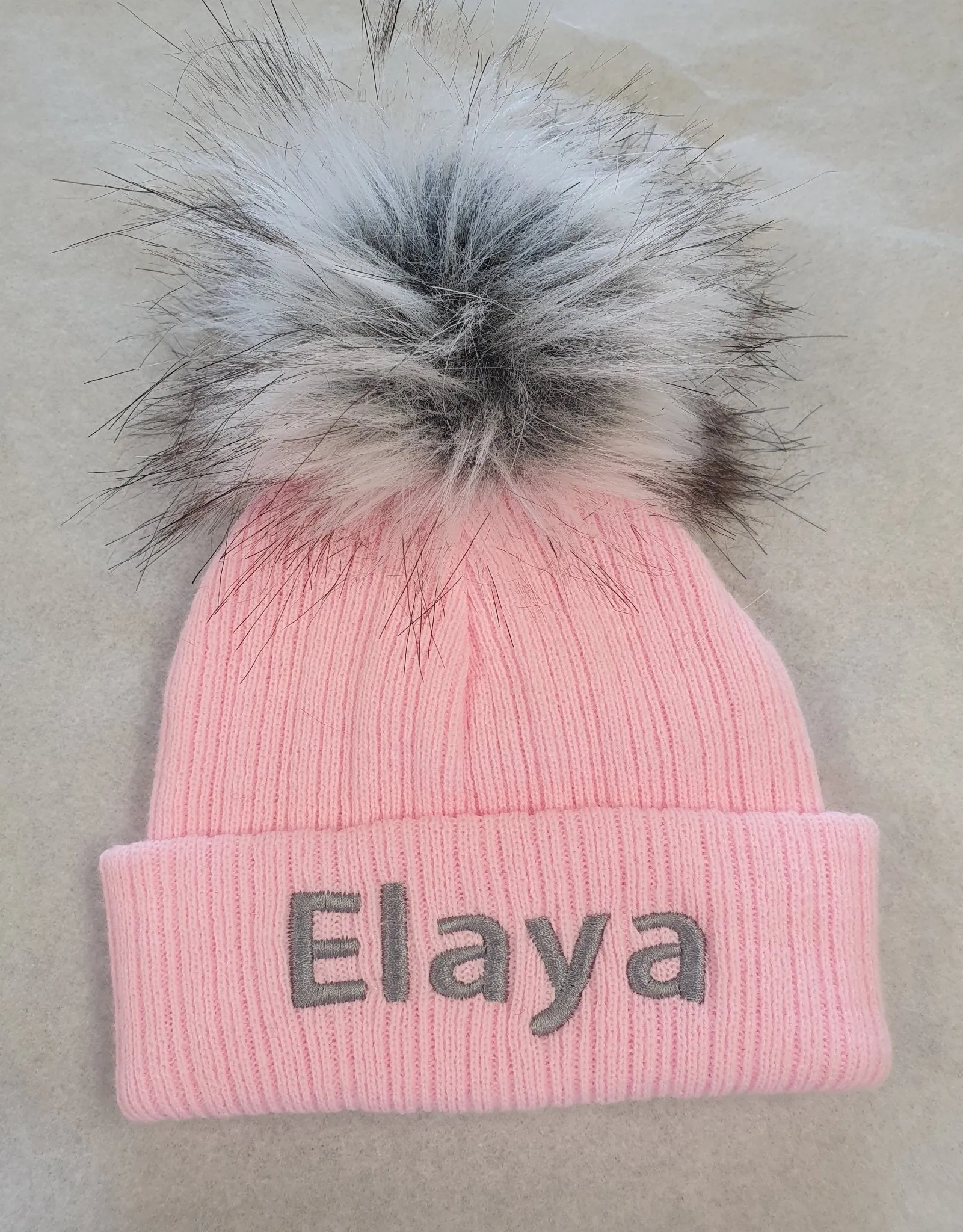 Personalised Baby Pink Knitted Single Grey Fluffy Faux Fur Pom Hat