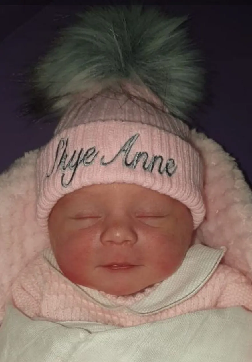 Personalised Baby Pink Knitted Single Grey Fluffy Faux Fur Pom Hat