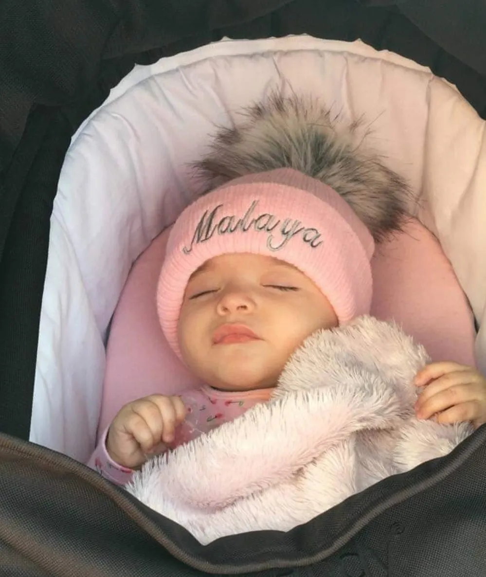 Personalised Baby Pink Knitted Single Grey Fluffy Faux Fur Pom Hat