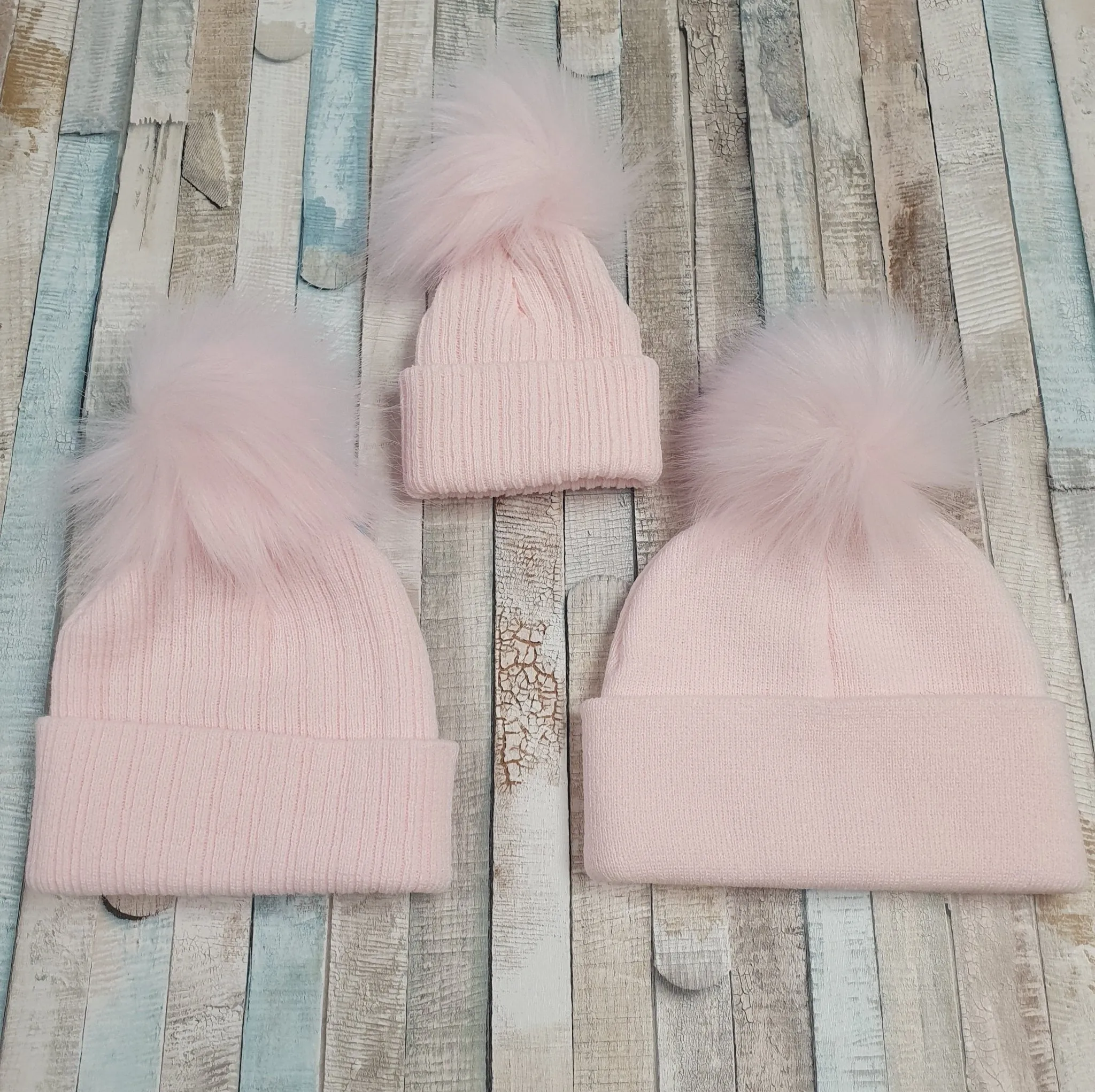 Personalised Baby Pink Knitted Single Pink  Fluffy Faux Fur Pom Hat