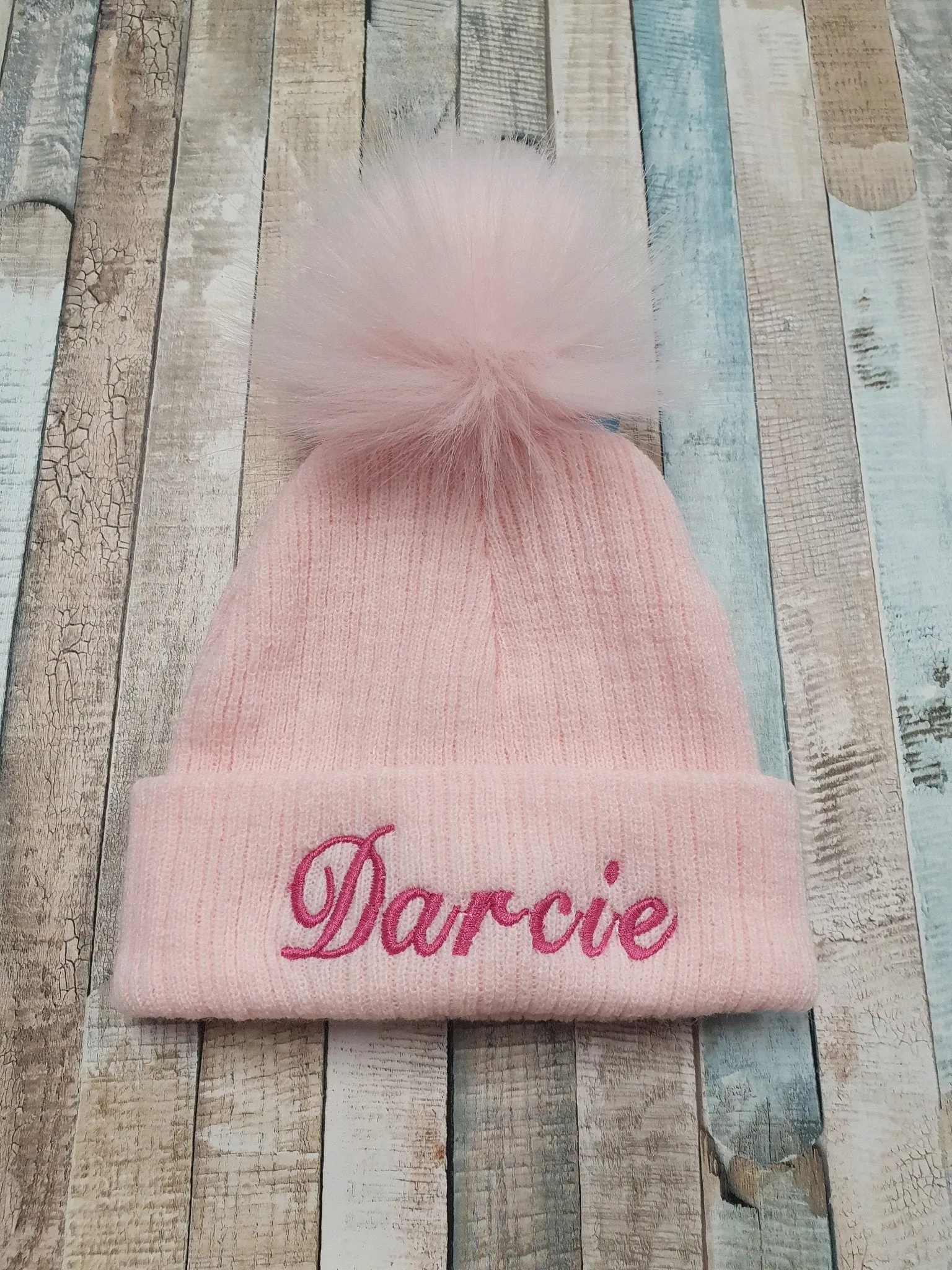 Personalised Baby Pink Knitted Single Pink  Fluffy Faux Fur Pom Hat