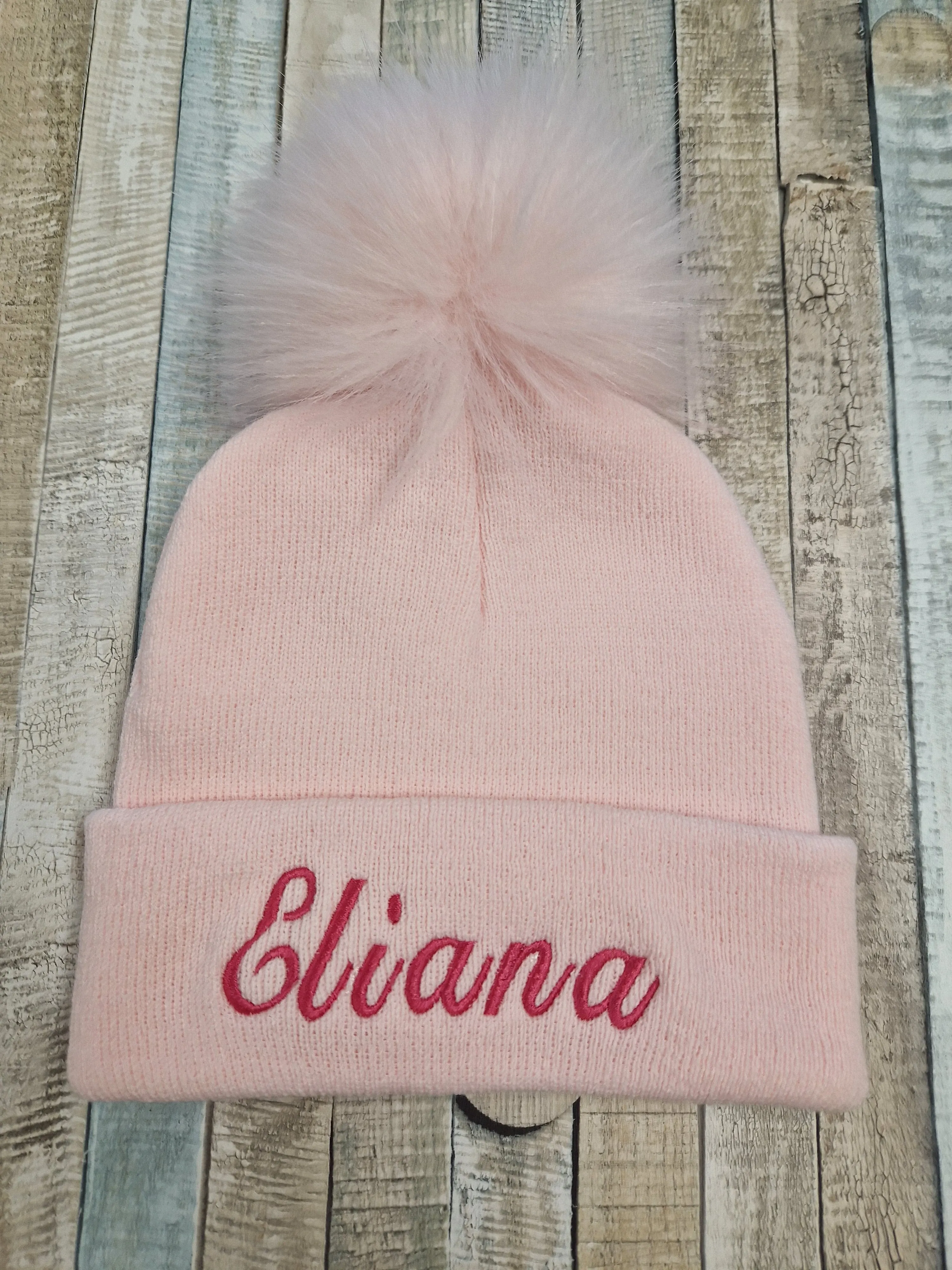 Personalised Baby Pink Knitted Single Pink  Fluffy Faux Fur Pom Hat