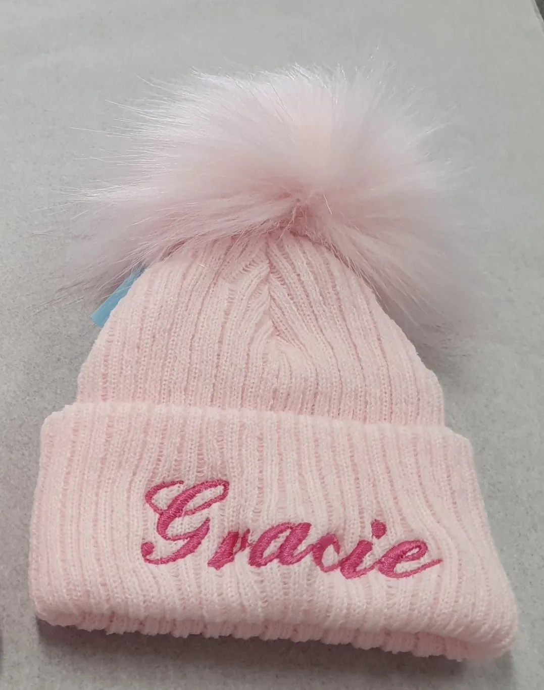 Personalised Baby Pink Knitted Single Pink  Fluffy Faux Fur Pom Hat