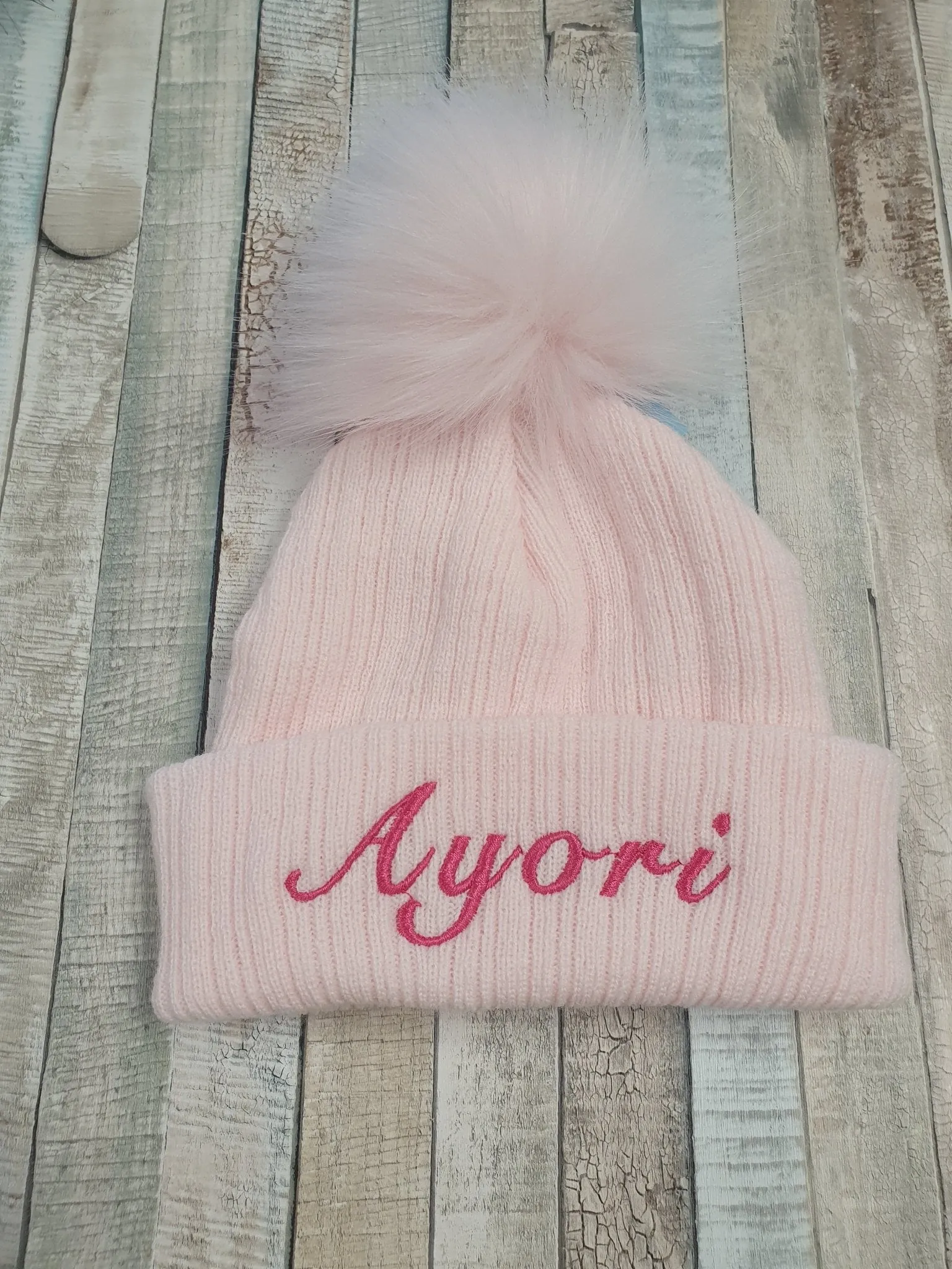 Personalised Baby Pink Knitted Single Pink  Fluffy Faux Fur Pom Hat
