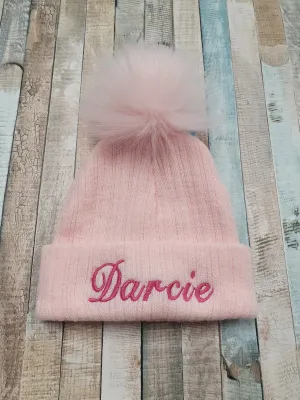 Personalised Baby Pink Knitted Single Pink  Fluffy Faux Fur Pom Hat