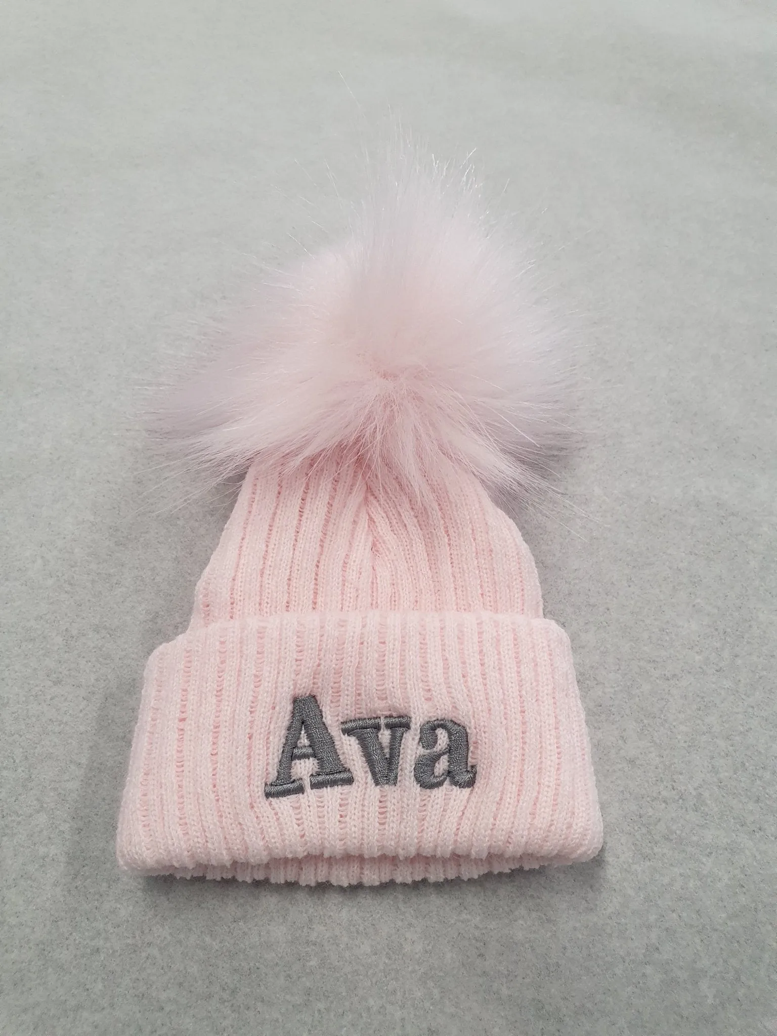Personalised Baby Pink Knitted Single Pink  Fluffy Faux Fur Pom Hat