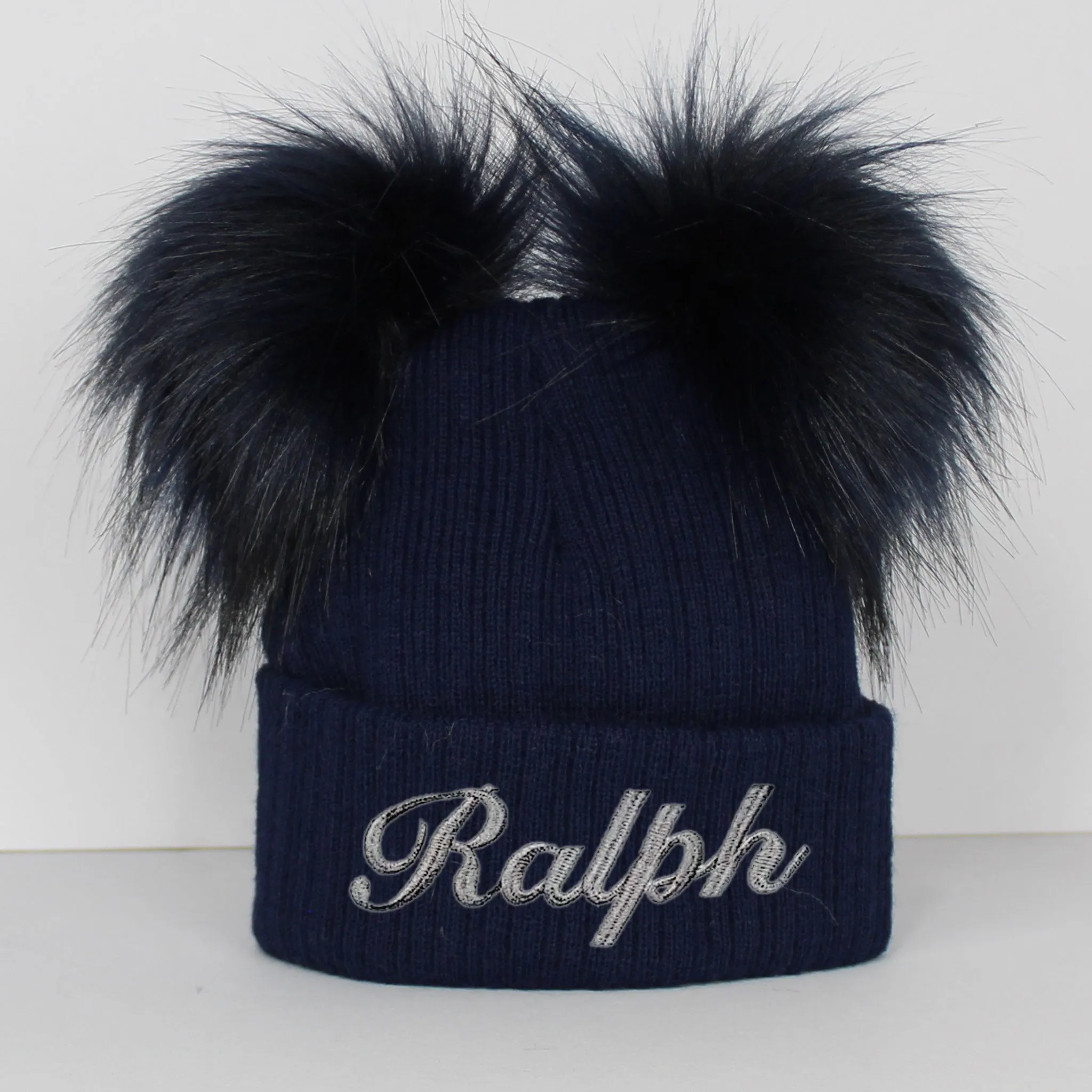 Personalised Baby Pom Hat - Double Pom - Navy Blue