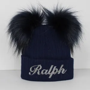 Personalised Baby Pom Hat - Double Pom - Navy Blue