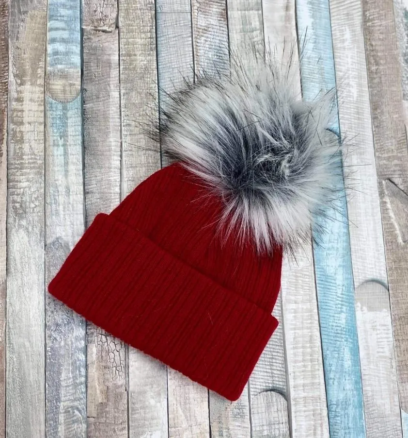 Personalised Baby Red Knitted Single Grey Fluffy Faux Fur Pom Hat