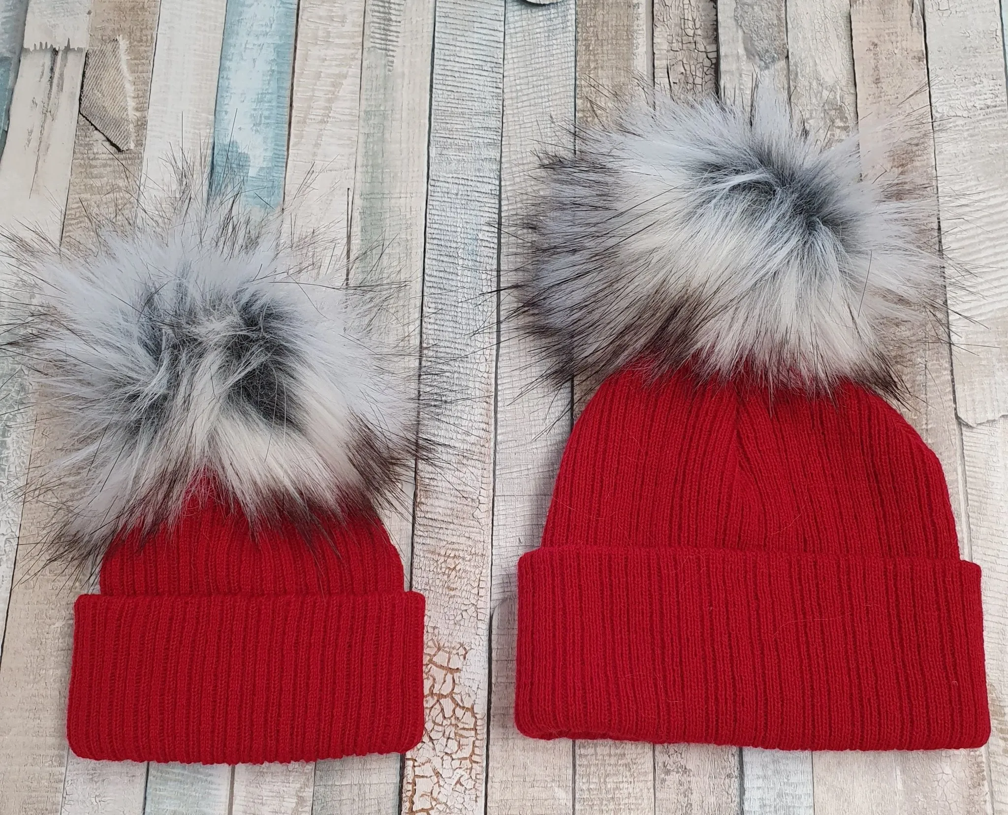 Personalised Baby Red Knitted Single Grey Fluffy Faux Fur Pom Hat