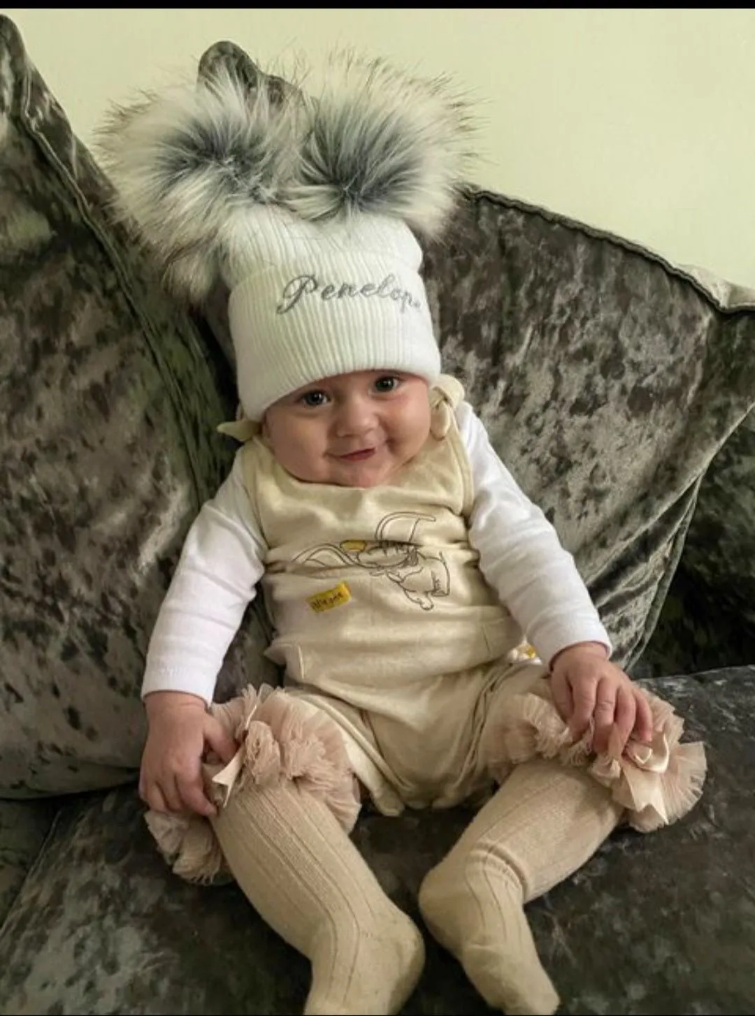 Personalised Baby White Knitted Double Grey Fluffy Faux Fur Pom Hat