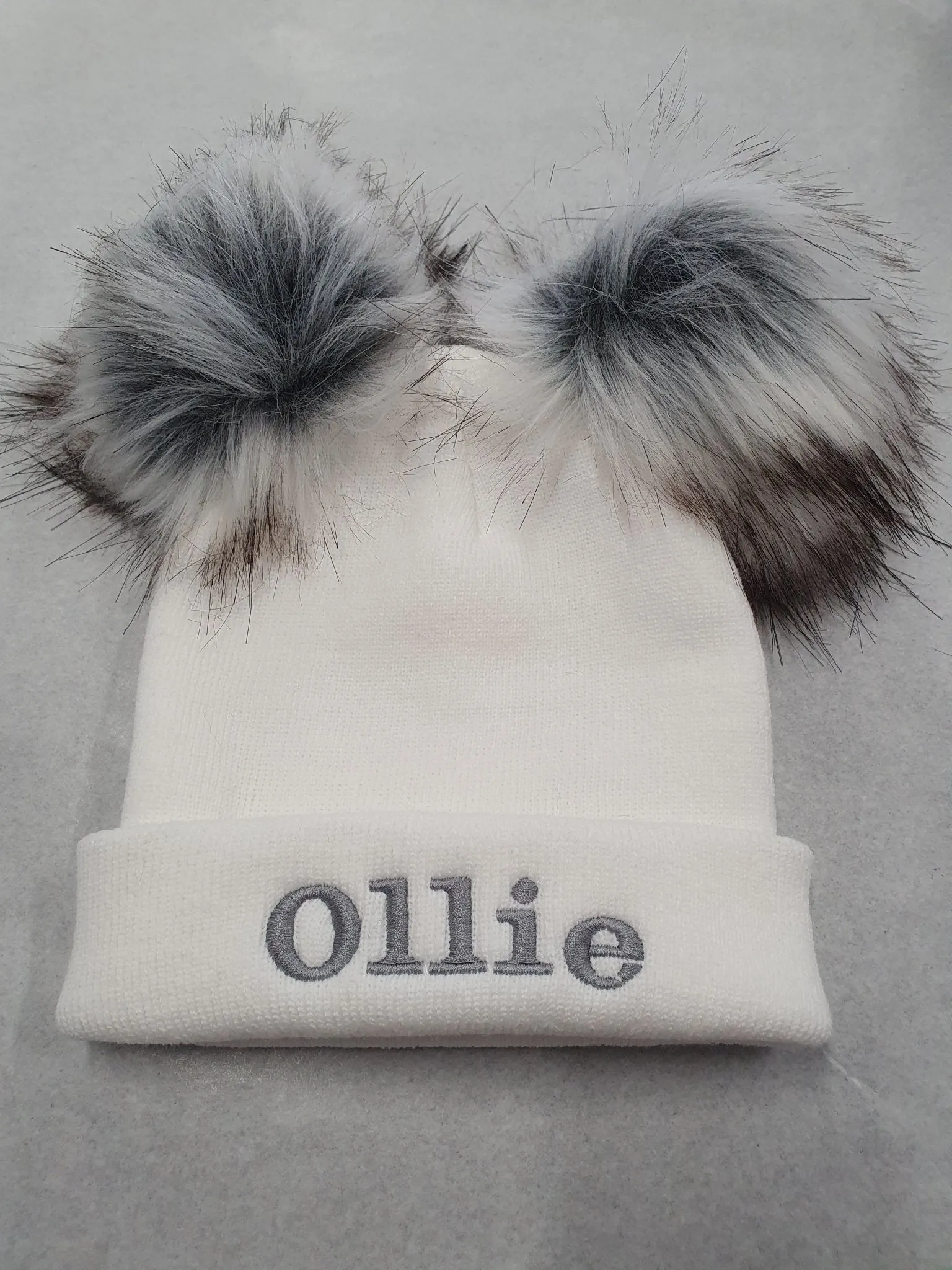 Personalised Baby White Knitted Double Grey Fluffy Faux Fur Pom Hat