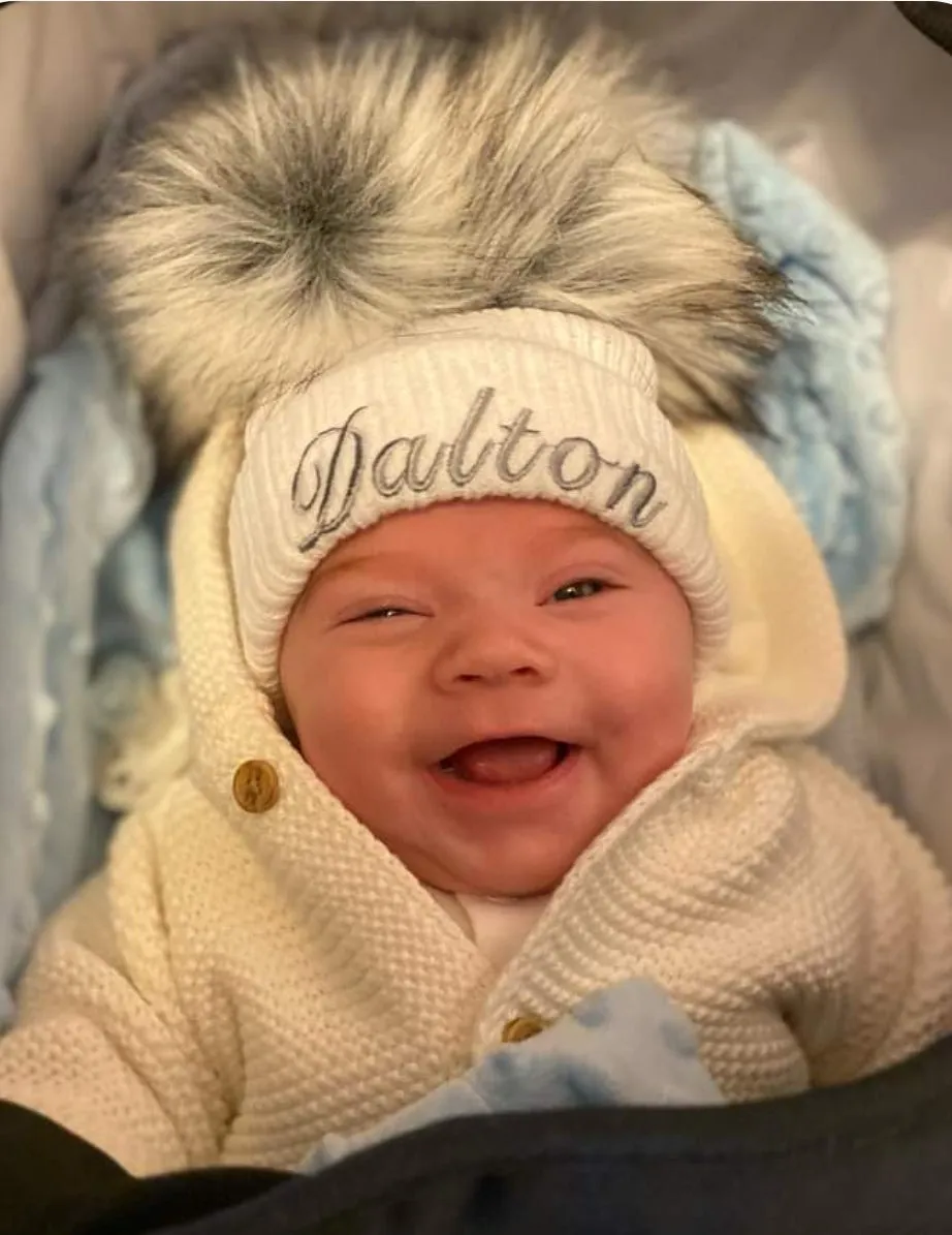 Personalised Baby White Knitted Double Grey Fluffy Faux Fur Pom Hat