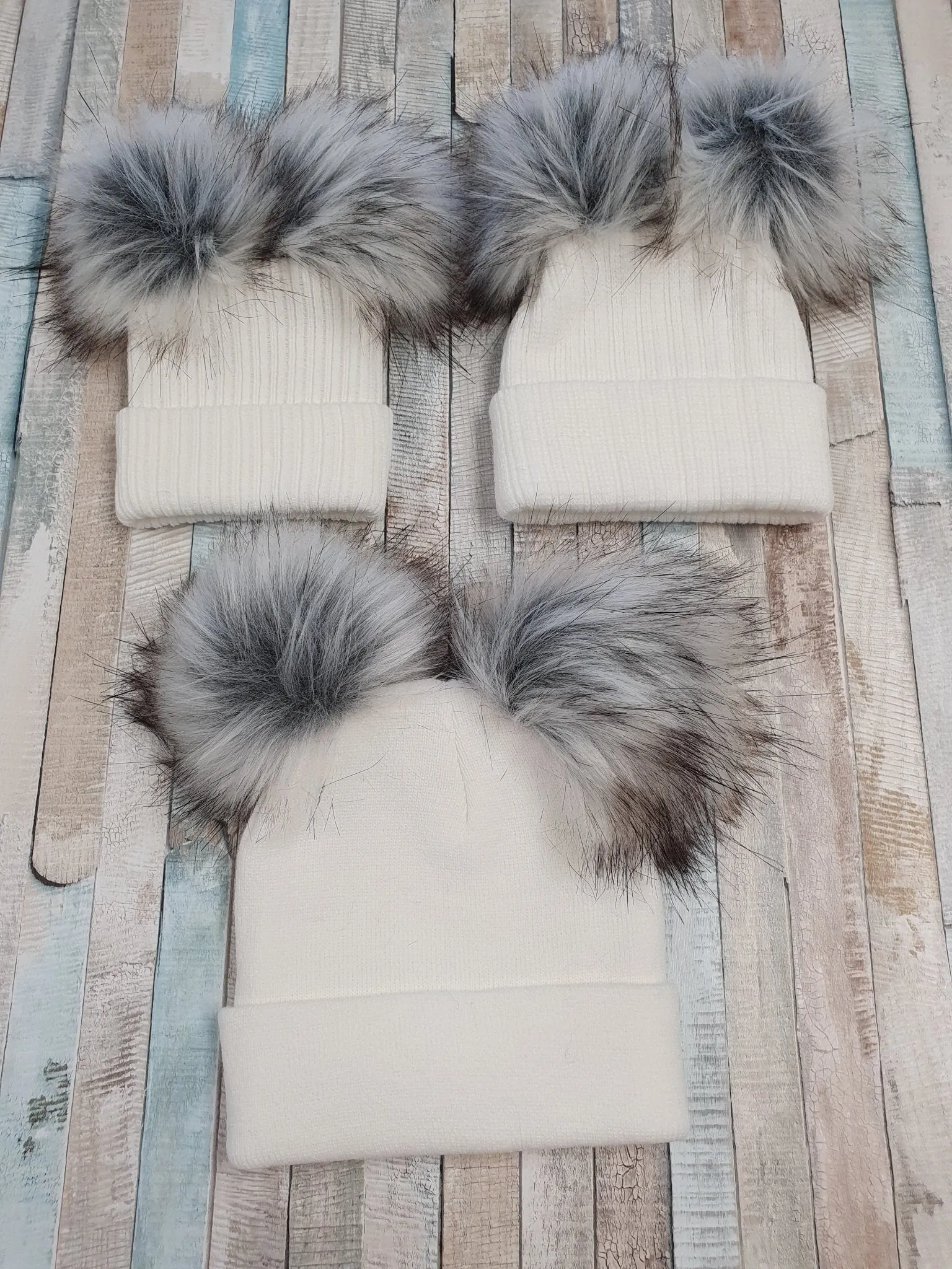 Personalised Baby White Knitted Double Grey Fluffy Faux Fur Pom Hat