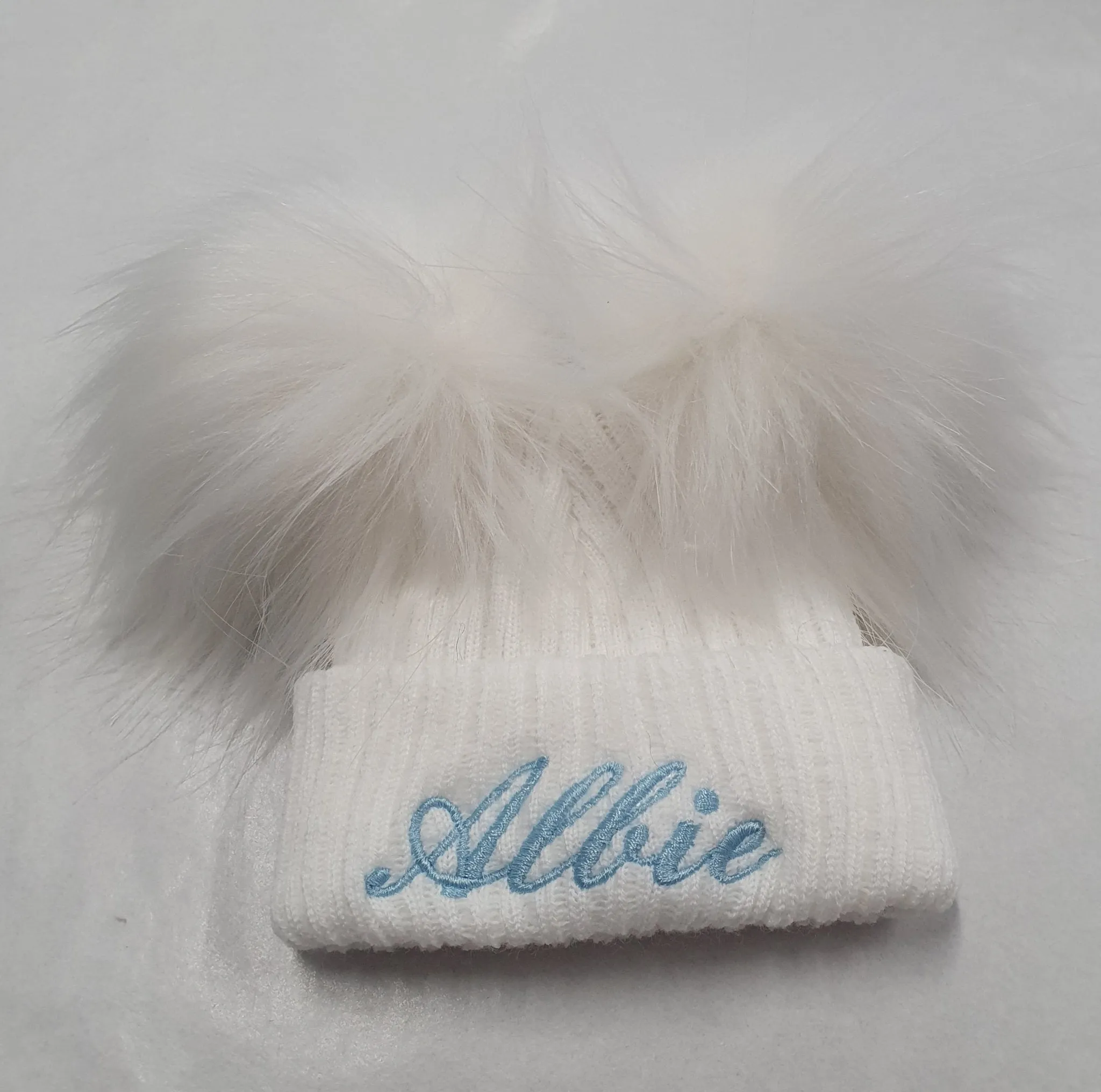 Personalised Baby White Knitted Double White Fluffy Faux Fur Pom Hat