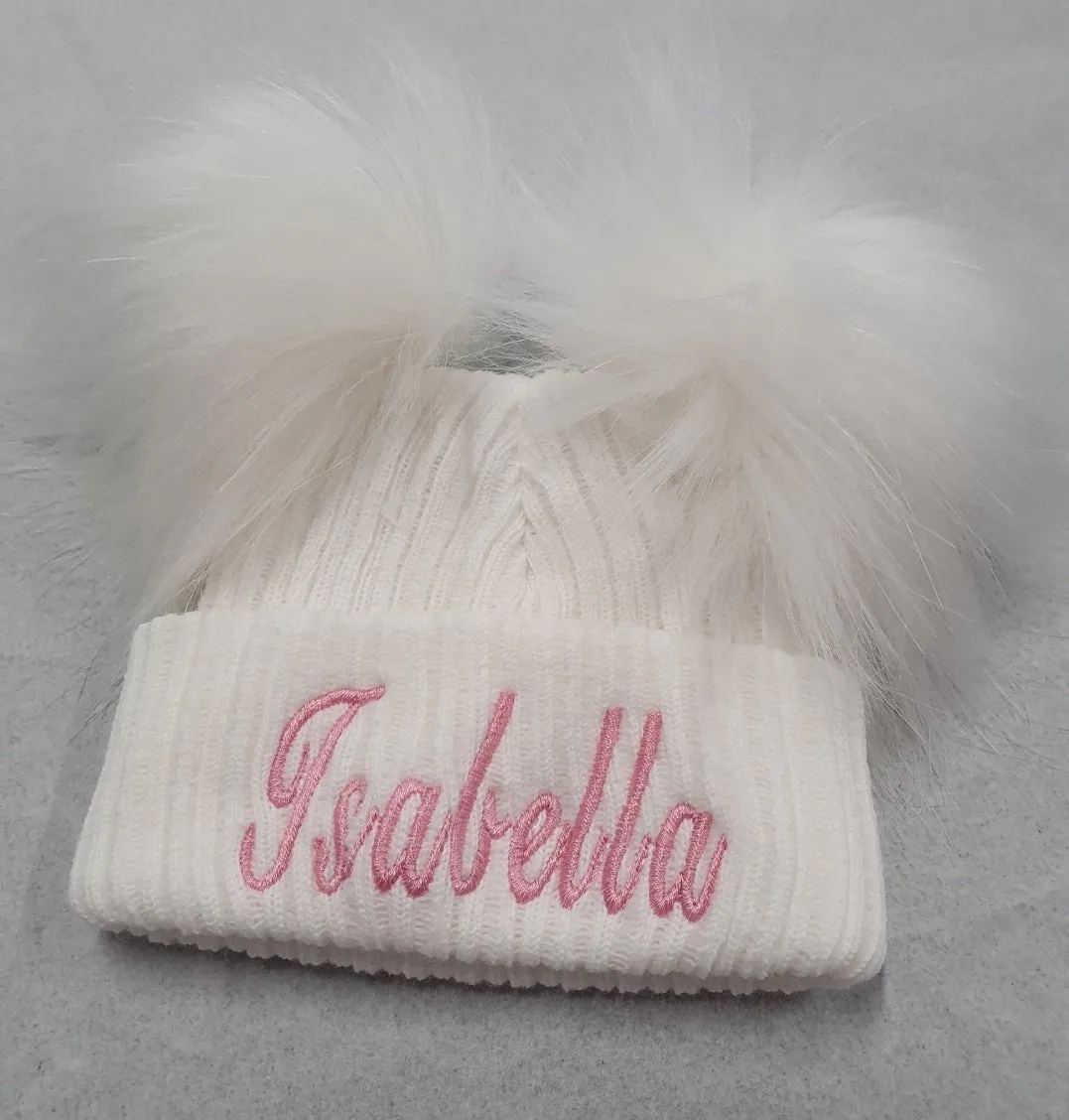 Personalised Baby White Knitted Double White Fluffy Faux Fur Pom Hat