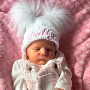 Personalised Baby White Knitted Double White Fluffy Faux Fur Pom Hat