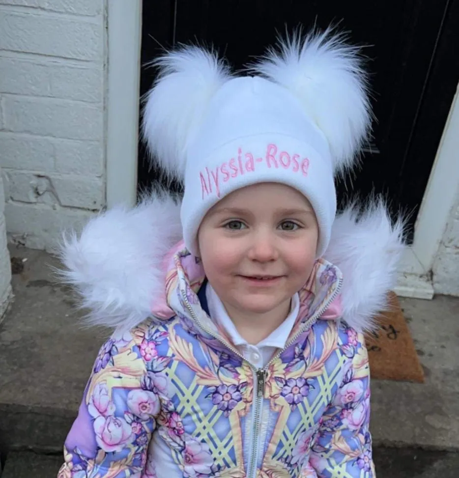 Personalised Baby White Knitted Double White Fluffy Faux Fur Pom Hat