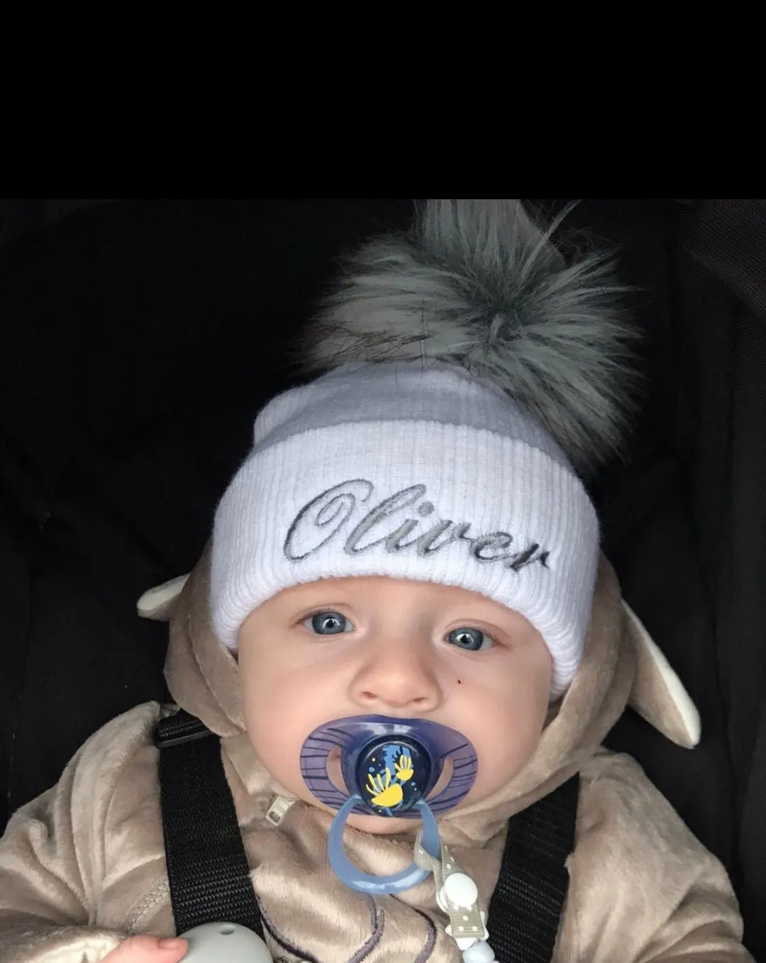 Personalised Baby White Knitted Single Grey Fluffy Faux Fur Pom Hat