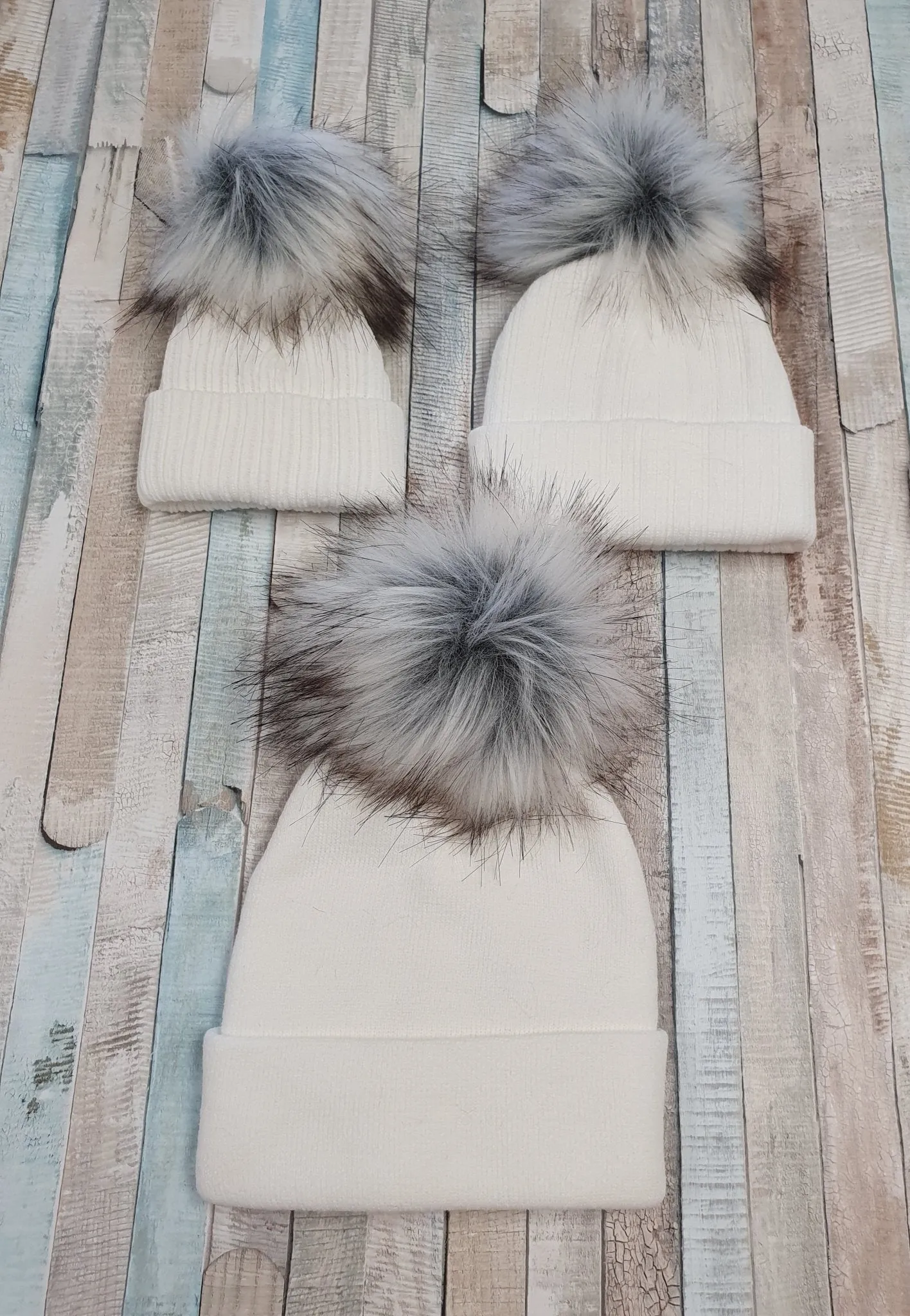 Personalised Baby White Knitted Single Grey Fluffy Faux Fur Pom Hat