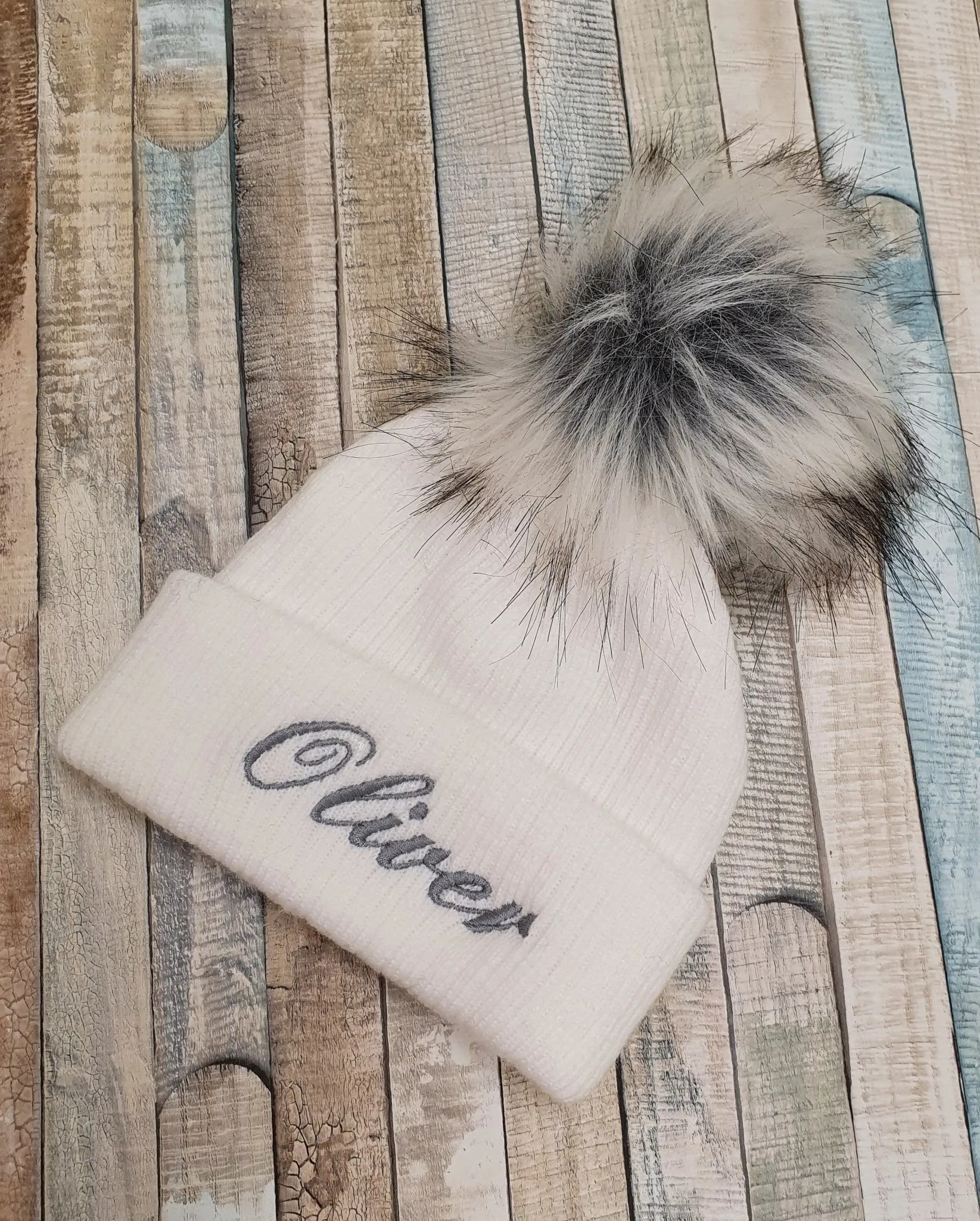 Personalised Baby White Knitted Single Grey Fluffy Faux Fur Pom Hat
