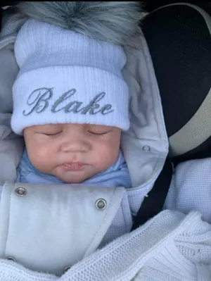 Personalised Baby White Knitted Single Grey Fluffy Faux Fur Pom Hat