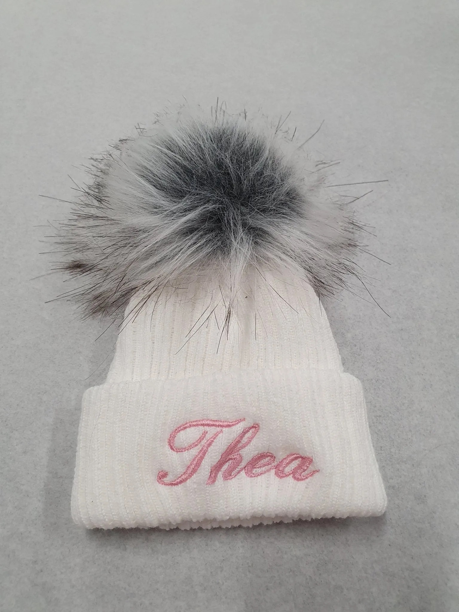 Personalised Baby White Knitted Single Grey Fluffy Faux Fur Pom Hat