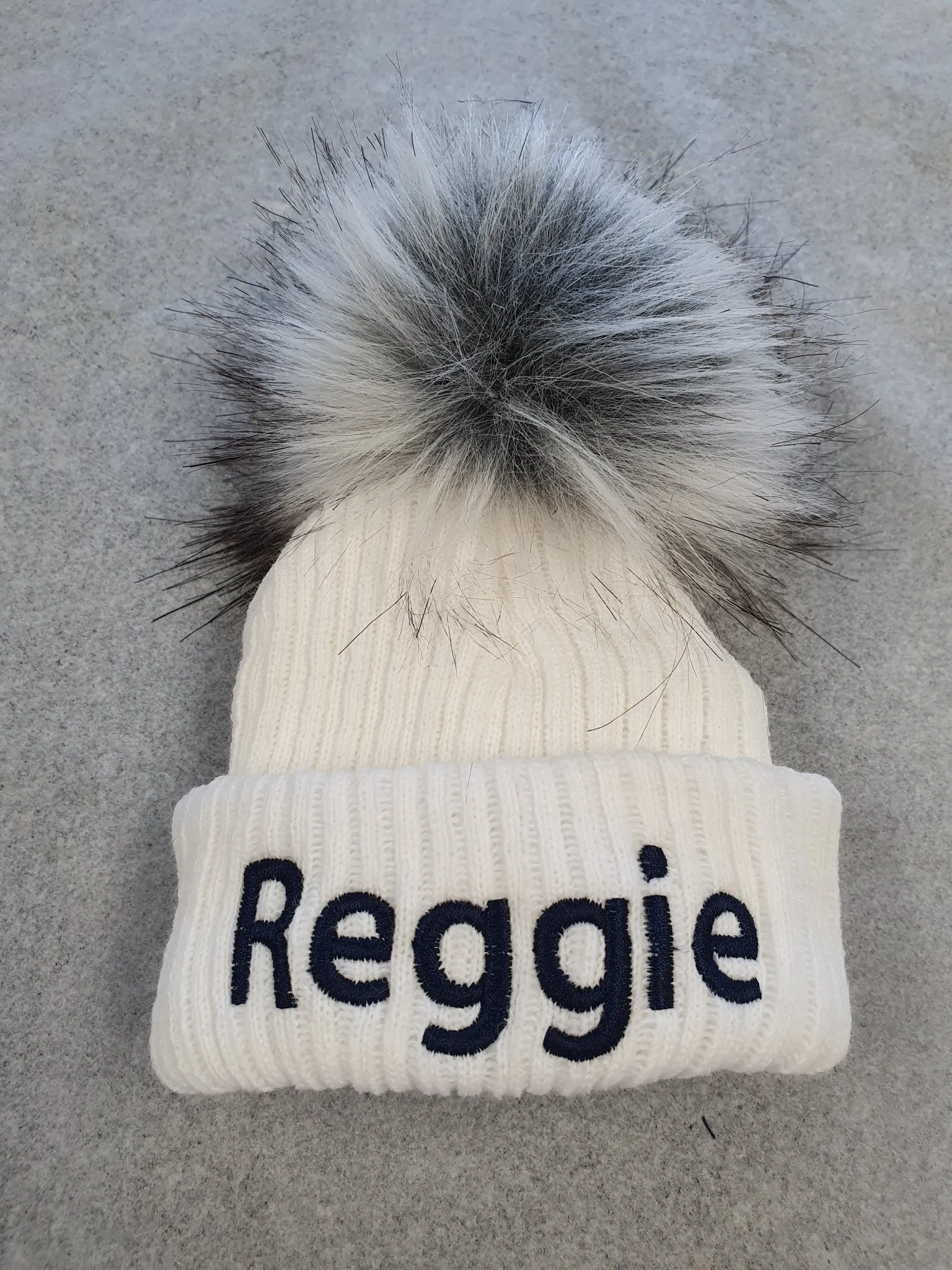 Personalised Baby White Knitted Single Grey Fluffy Faux Fur Pom Hat
