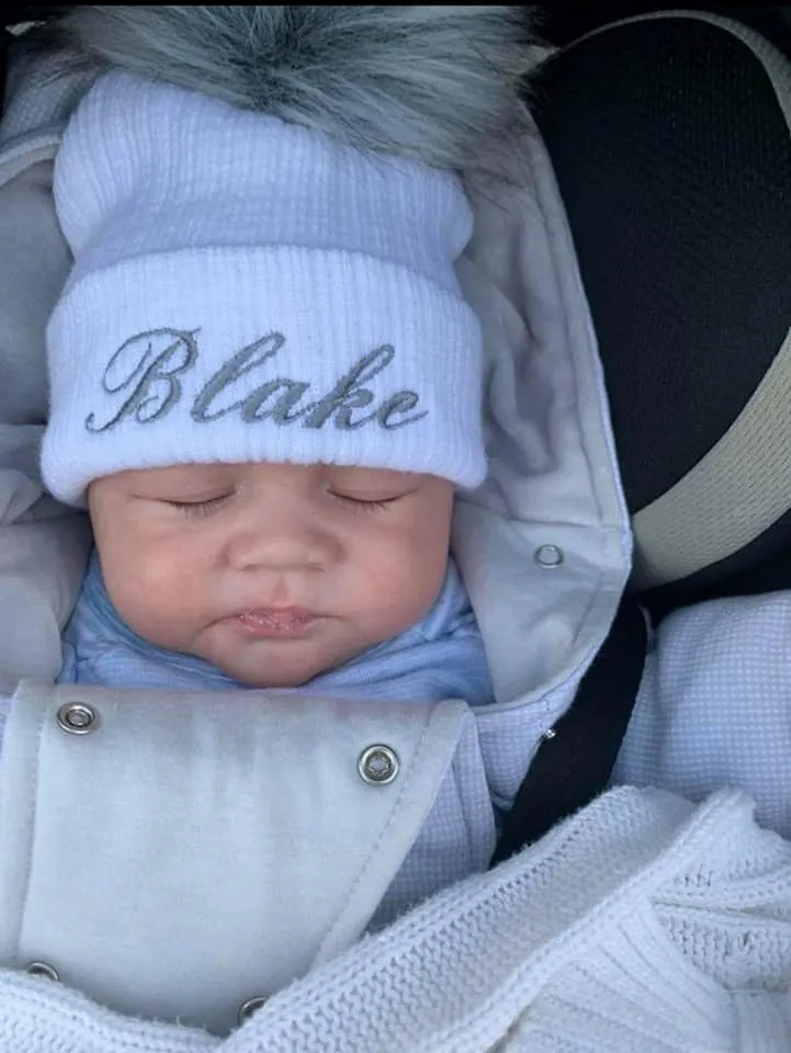 Personalised Baby White Knitted Single Grey Fluffy Faux Fur Pom Hat