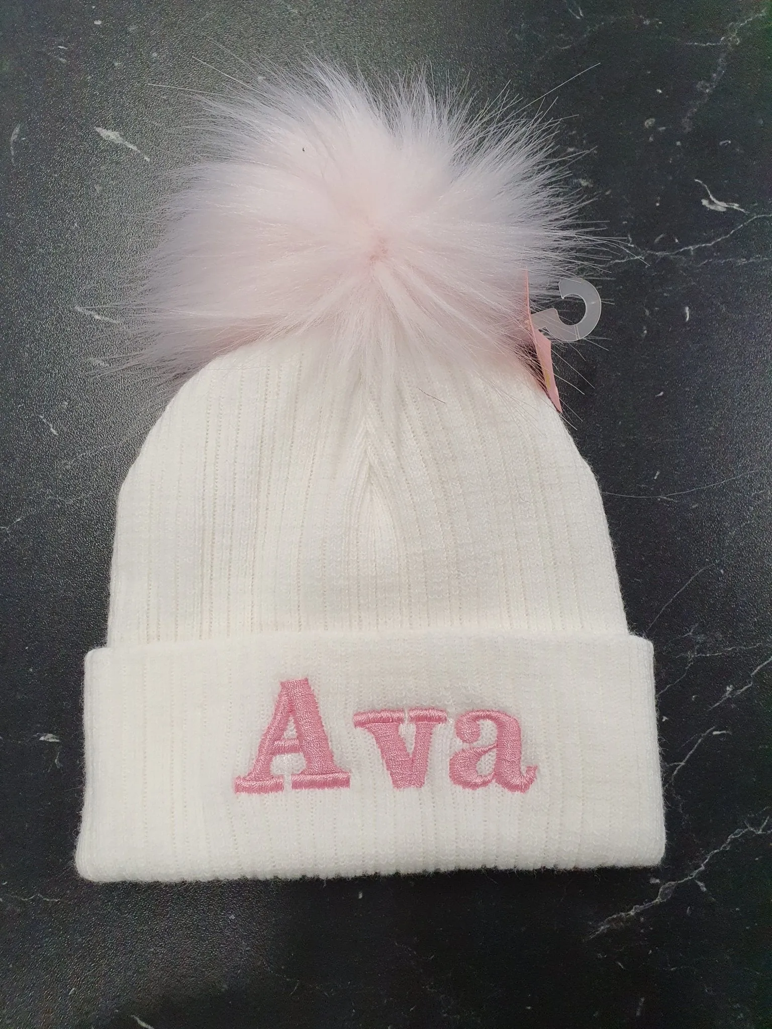 Personalised Baby White Knitted Single Pink Fluffy Faux Fur Pom Hat