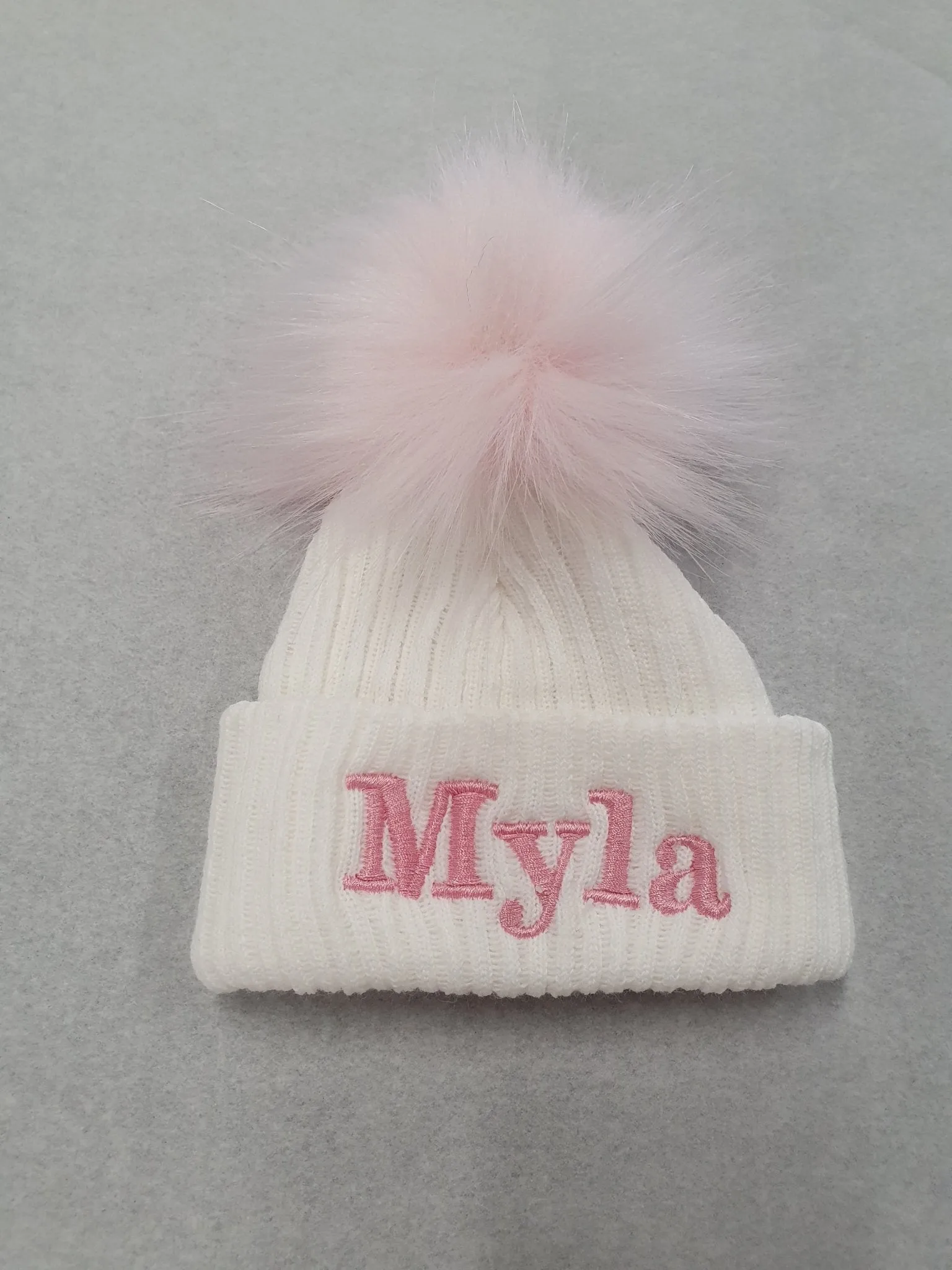 Personalised Baby White Knitted Single Pink Fluffy Faux Fur Pom Hat