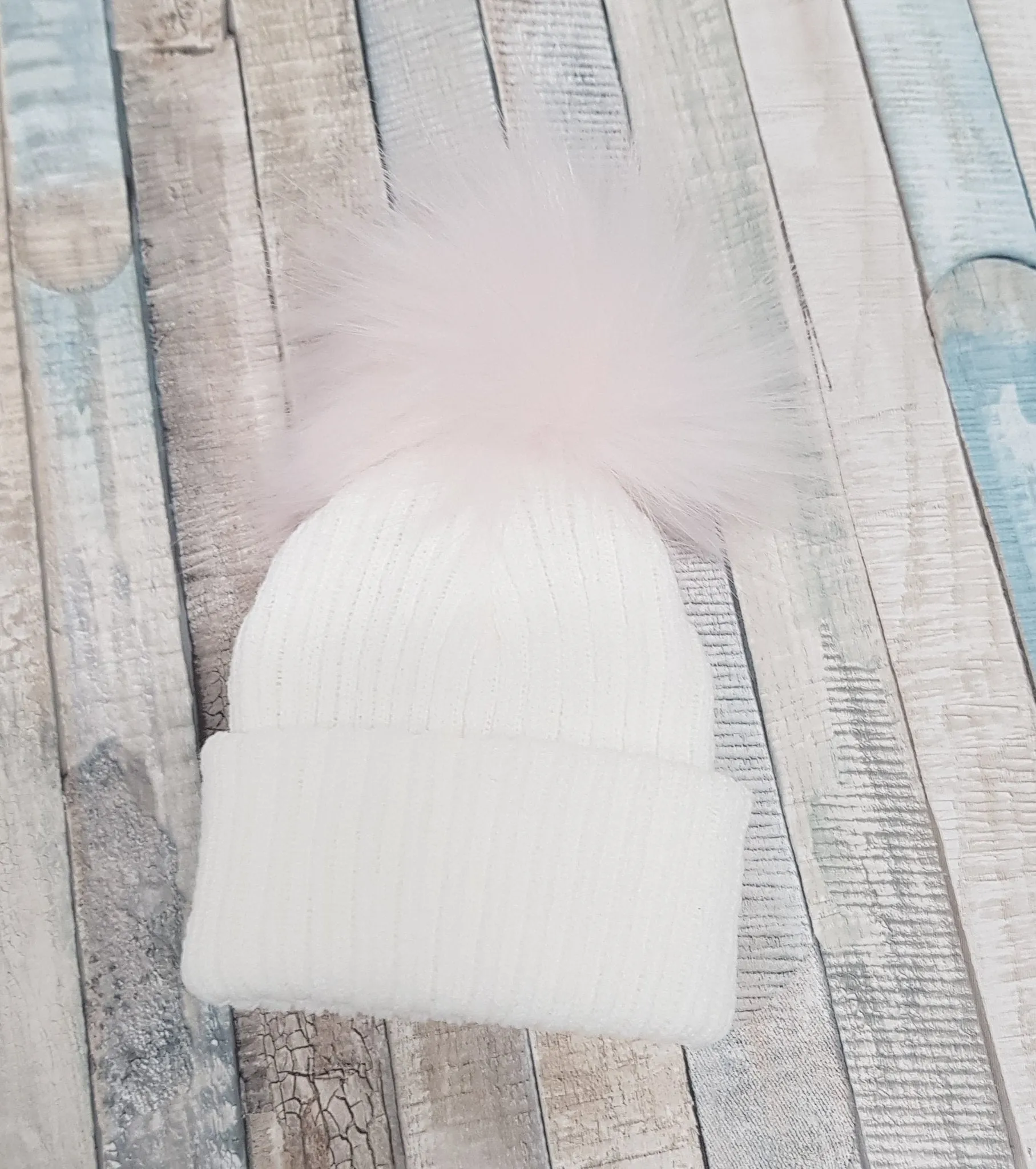Personalised Baby White Knitted Single Pink Fluffy Faux Fur Pom Hat