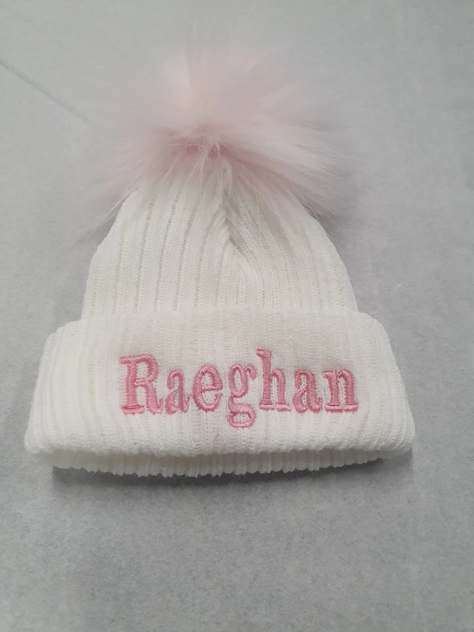 Personalised Baby White Knitted Single Pink Fluffy Faux Fur Pom Hat