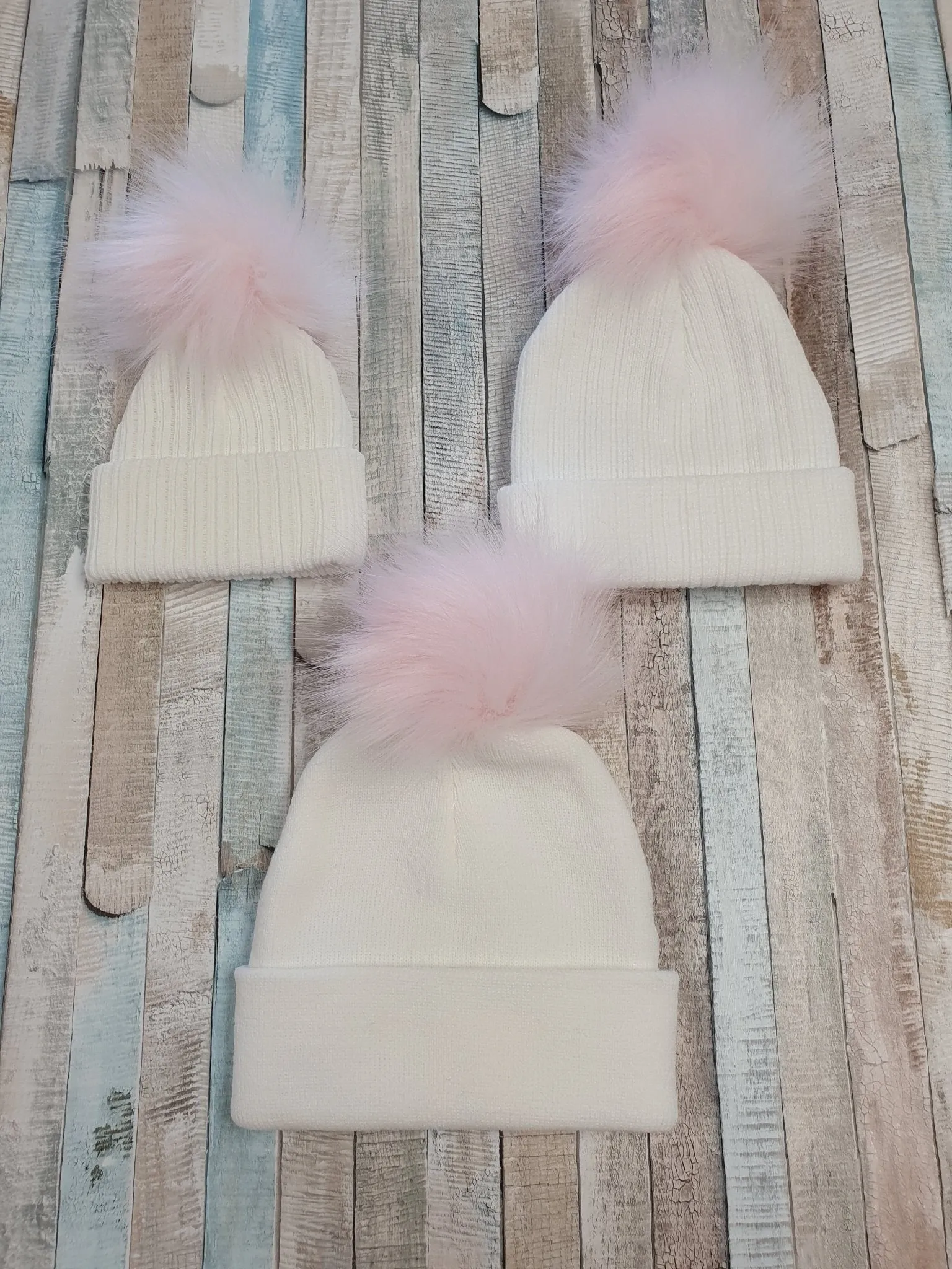 Personalised Baby White Knitted Single Pink Fluffy Faux Fur Pom Hat