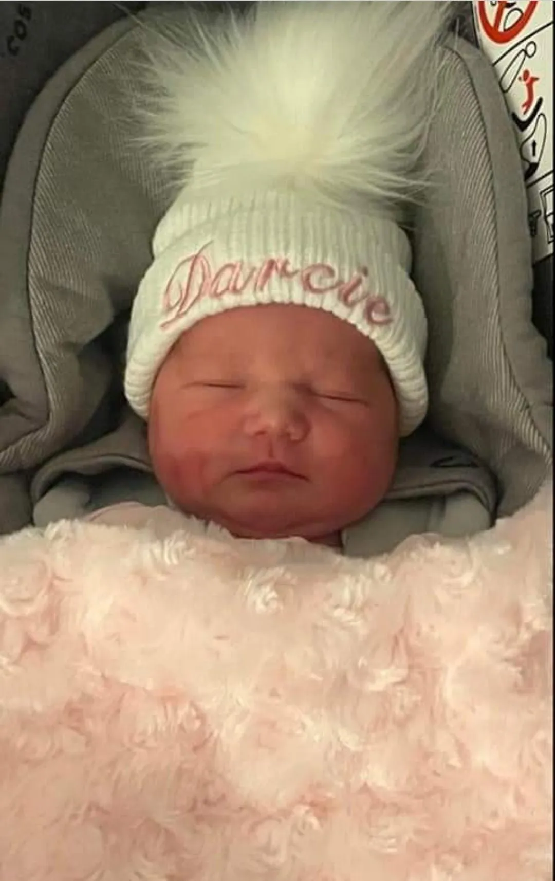 Personalised Baby White Knitted Single White Fluffy Faux Fur Pom Hat
