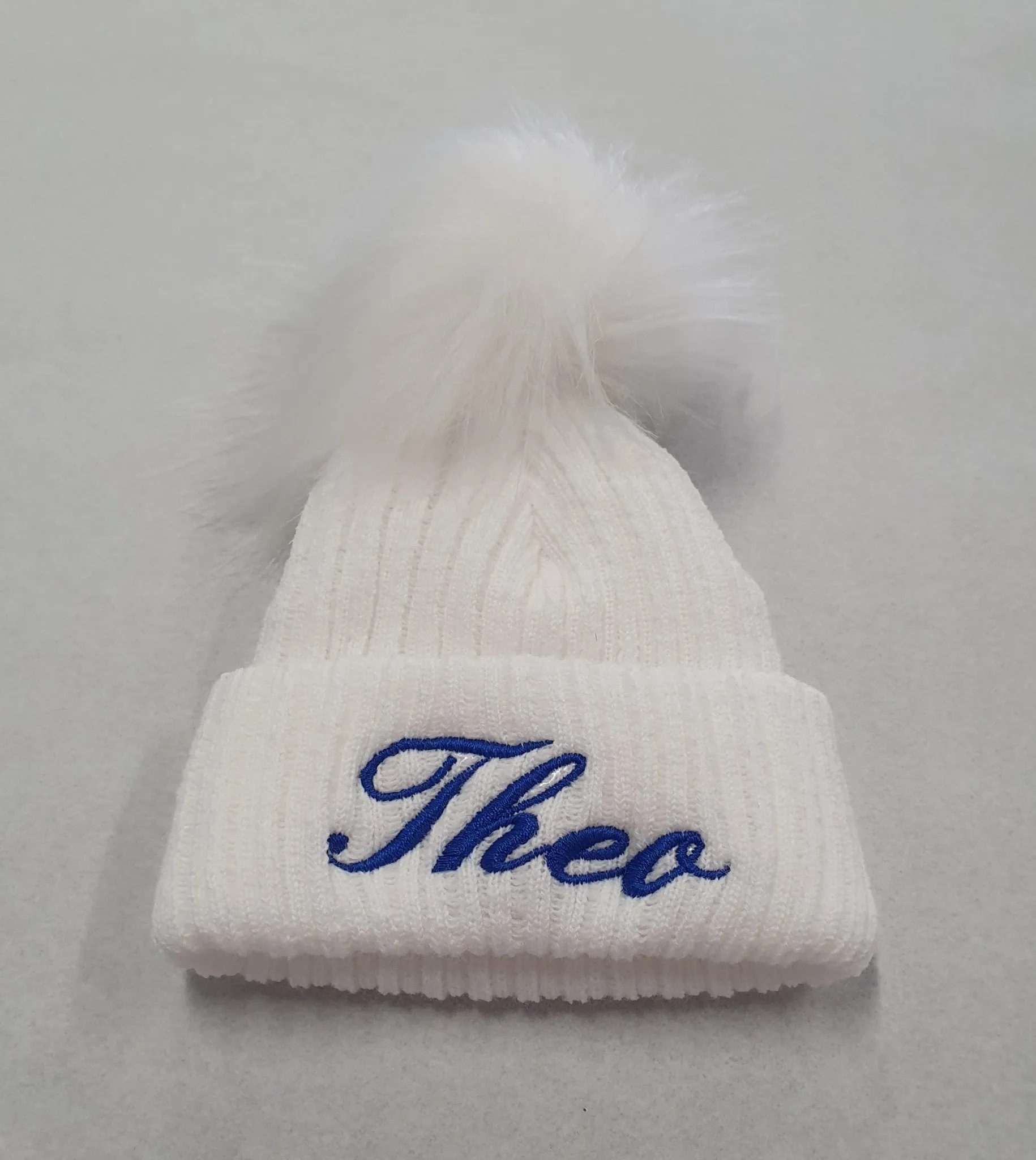 Personalised Baby White Knitted Single White Fluffy Faux Fur Pom Hat