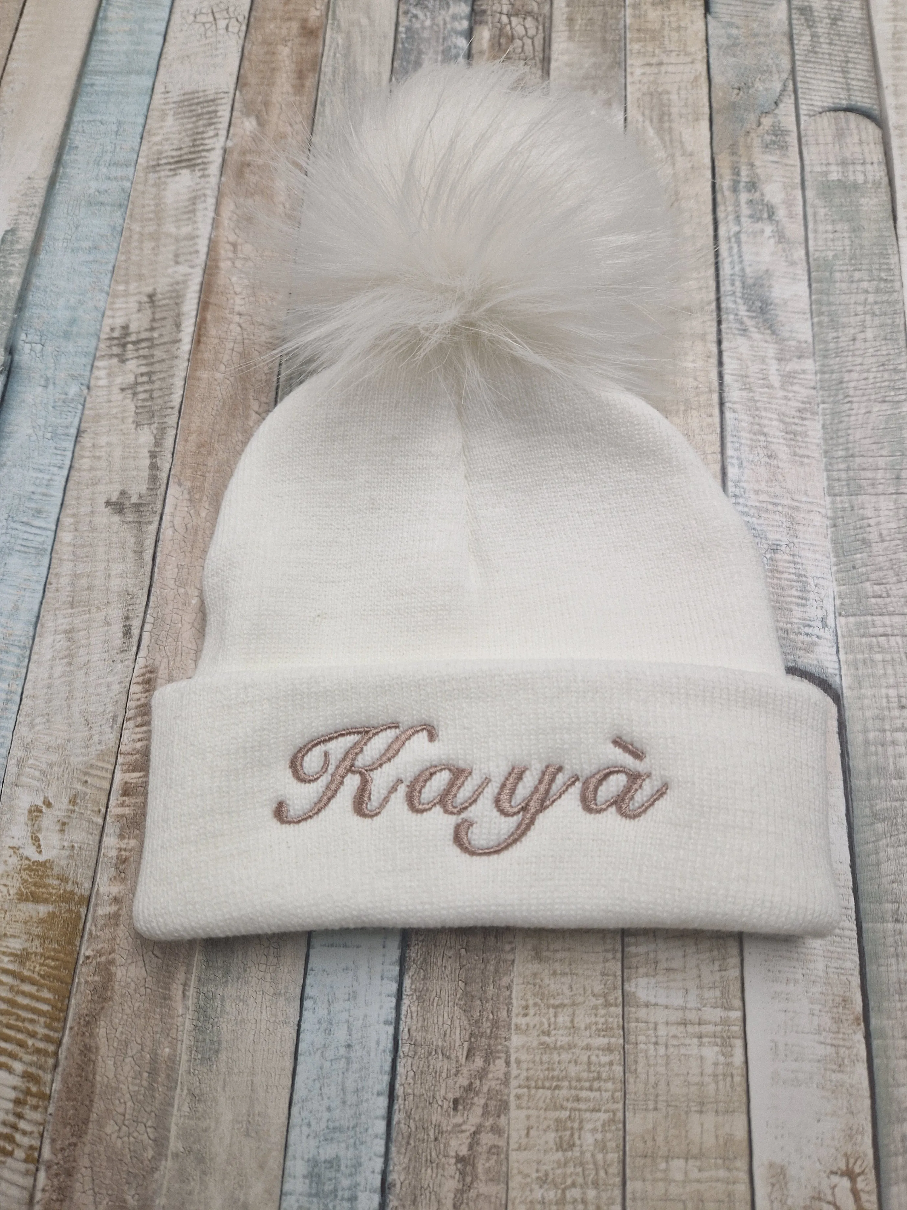 Personalised Baby White Knitted Single White Fluffy Faux Fur Pom Hat