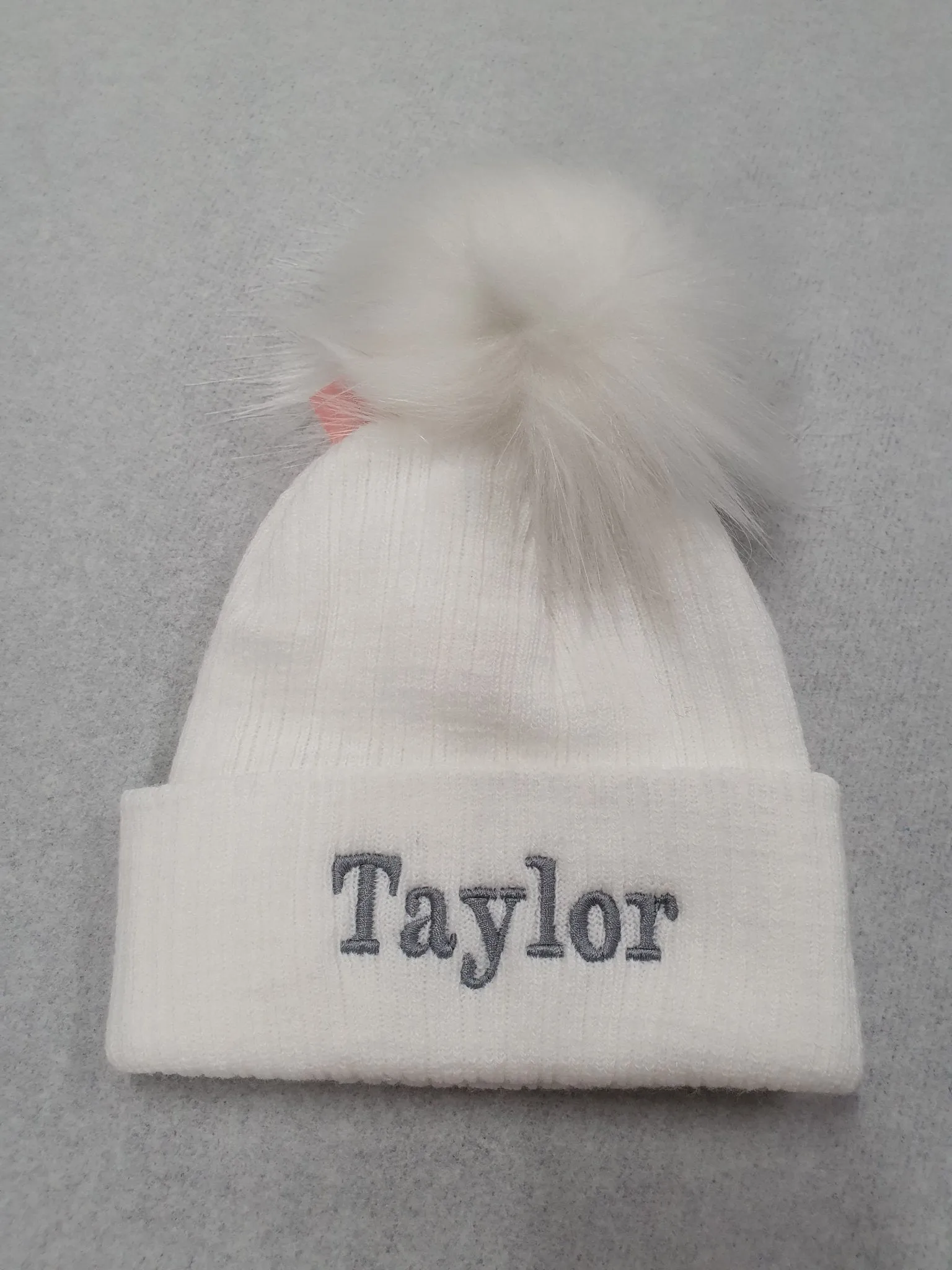 Personalised Baby White Knitted Single White Fluffy Faux Fur Pom Hat