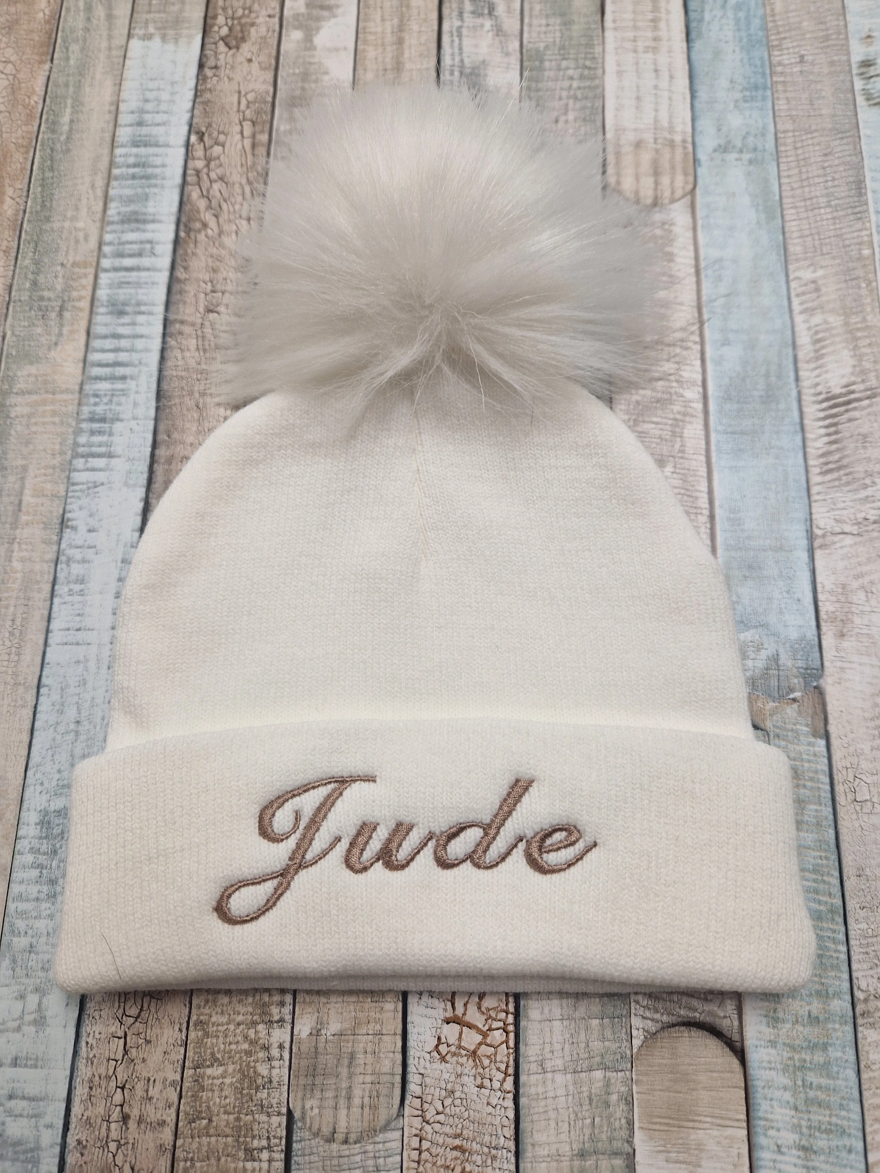 Personalised Baby White Knitted Single White Fluffy Faux Fur Pom Hat