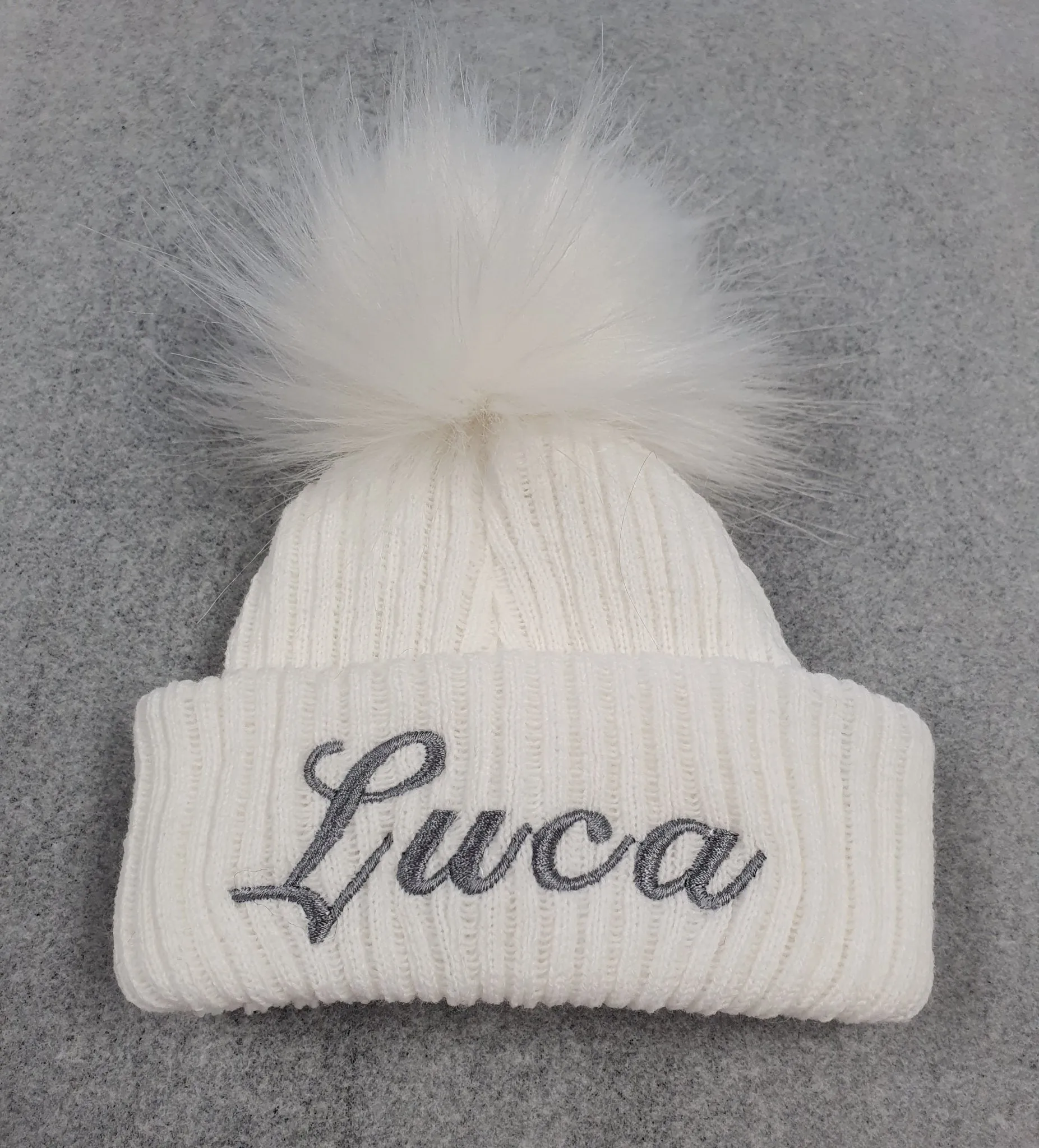 Personalised Baby White Knitted Single White Fluffy Faux Fur Pom Hat