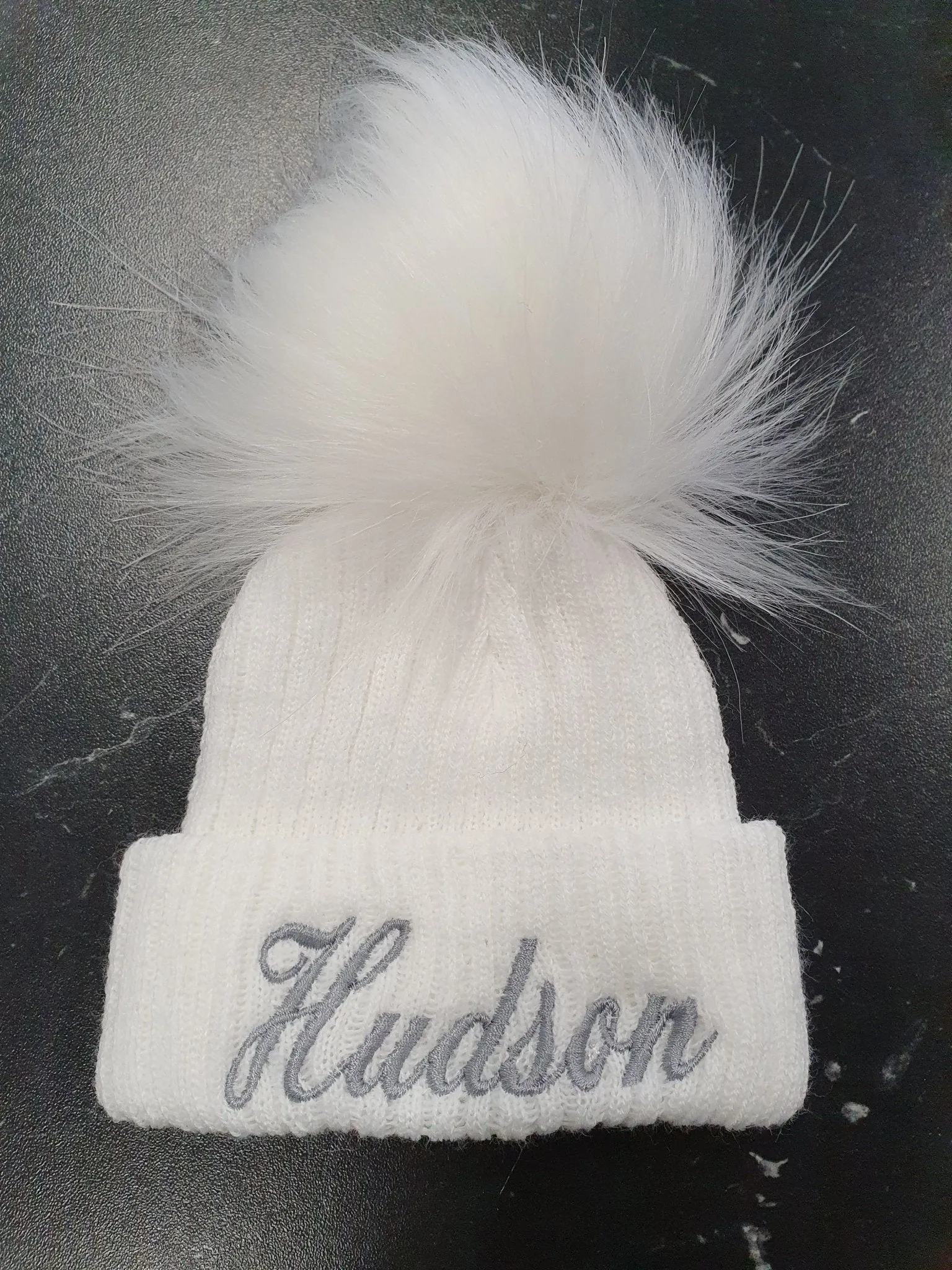 Personalised Baby White Knitted Single White Fluffy Faux Fur Pom Hat
