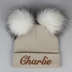 Personalised Beige Double Pom Hat - 2 to 6 years