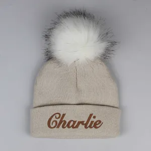 Personalised Beige Pom Hat - 2 to 6 years