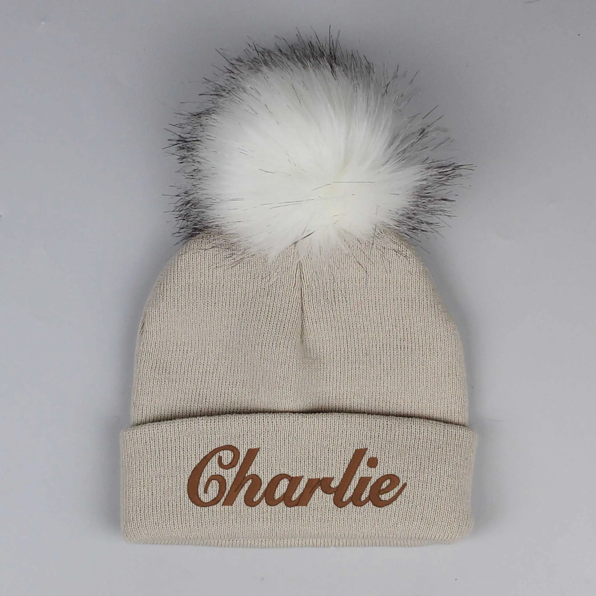 Personalised Beige Pom Hat - 2 to 6 years