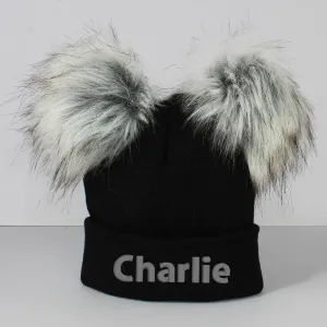 Personalised Black Double Pom Hat - 2 to 6 years