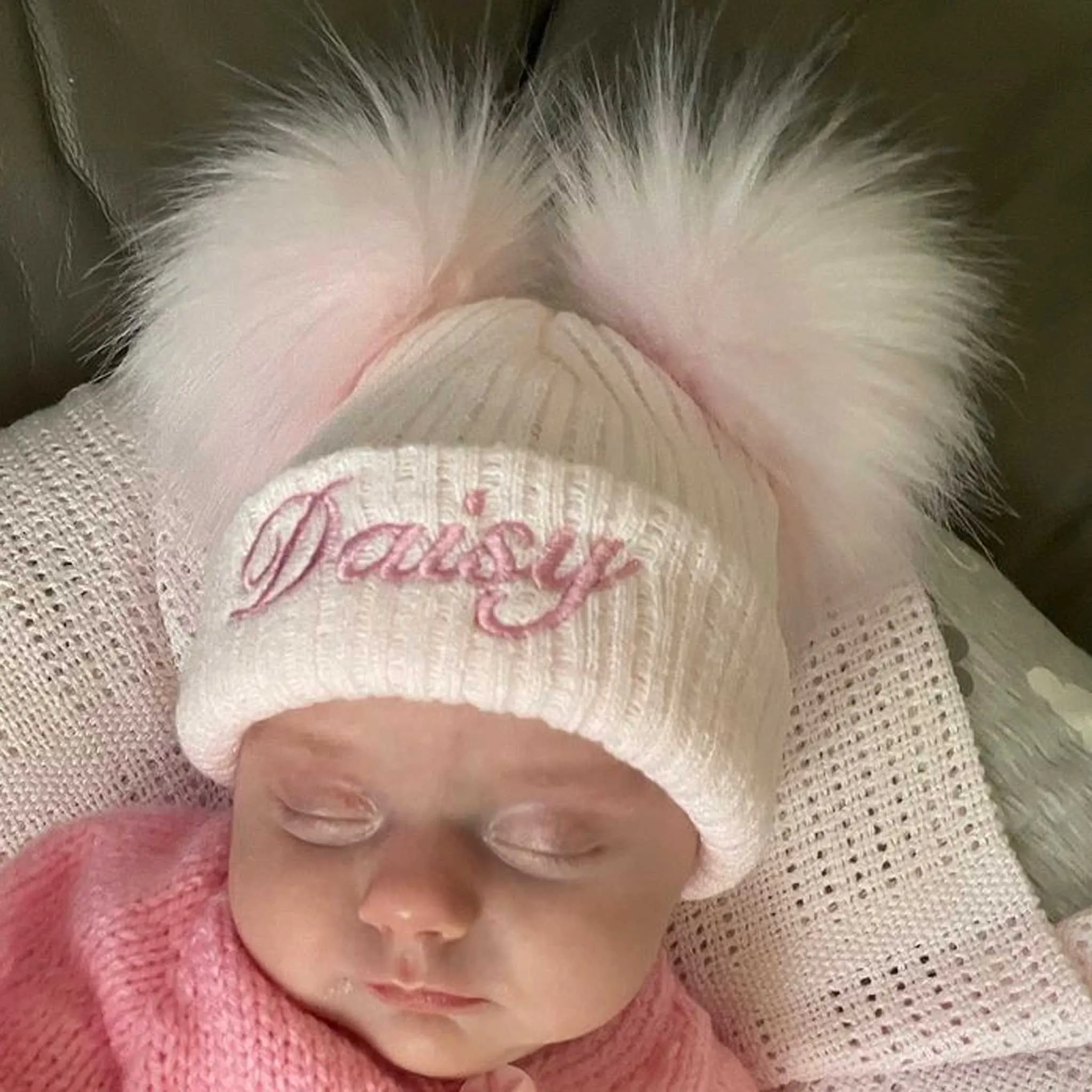 Personalised Double Pom Pink Baby Hat - Pastel Pink
