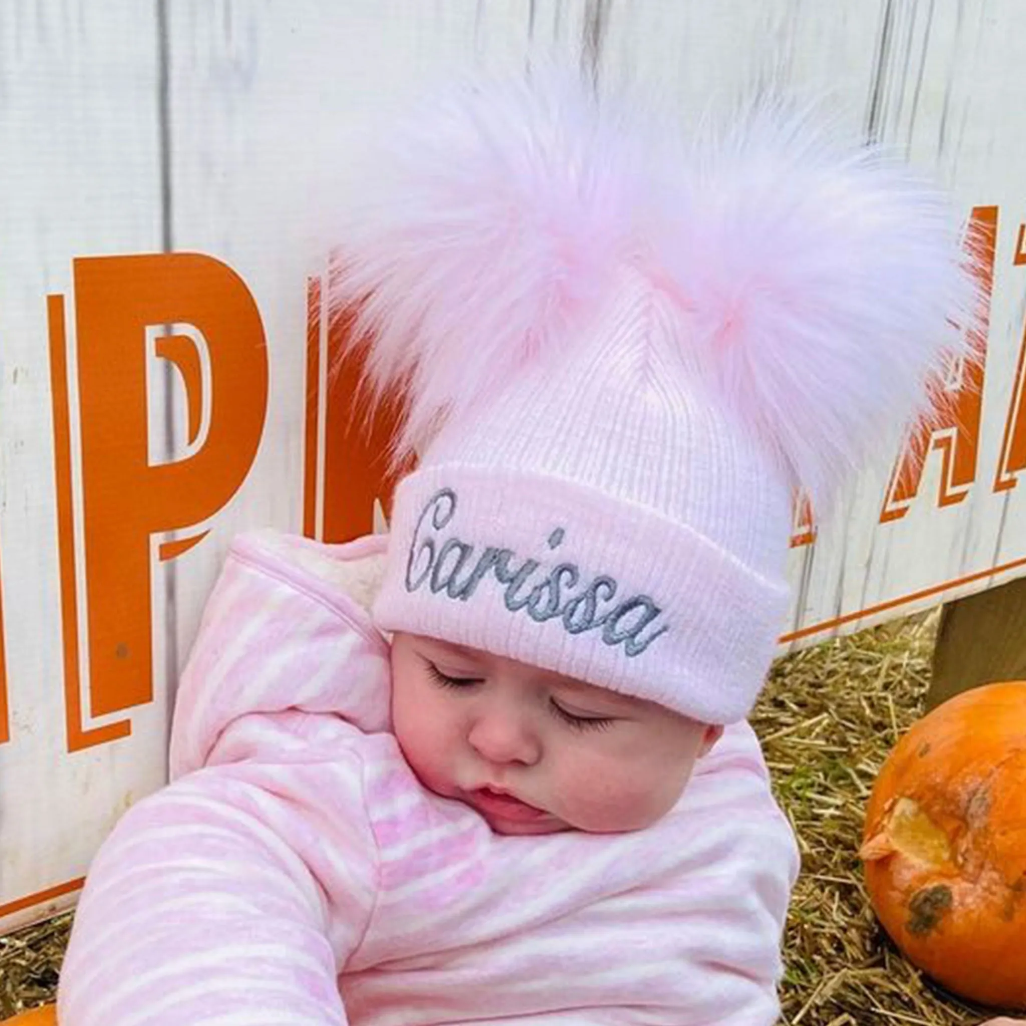 Personalised Double Pom Pink Baby Hat - Pastel Pink