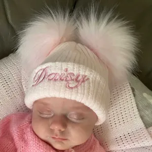 Personalised Double Pom Pink Baby Hat - Pastel Pink